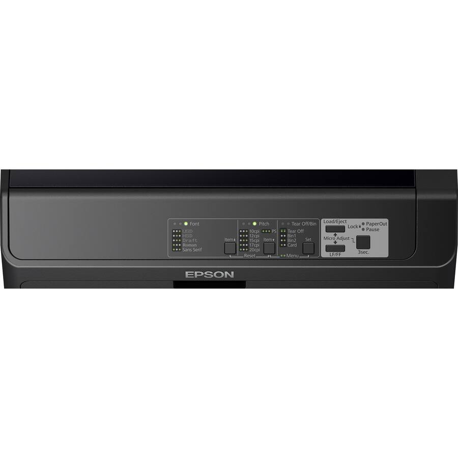 Font:  
- HHD  
- Draft Roman  
- Sans Serif  

Pitch:  
- 10cpi  
- 15cpi  
- 17cpi  
- 200i  

Tear Off/Bin:  
- Tear Off  
- Bin1  
- Bin2  
- Card  

Load/Eject:  
- Load  
- Eject  

Lock:  
- Lock  

Paper Out:  
- Paper Out  

Micro Adjust:  
- Micro Adjust 1  
- Micro Adjust 2  

Pause:  
- Pause  

Reset:  
- Reset  

Menu:  
- Menu  

LF/FF:  
- LF/FF  

3sec:  
- 3sec  

LE/FF:  
- LE/FF  

EPSON