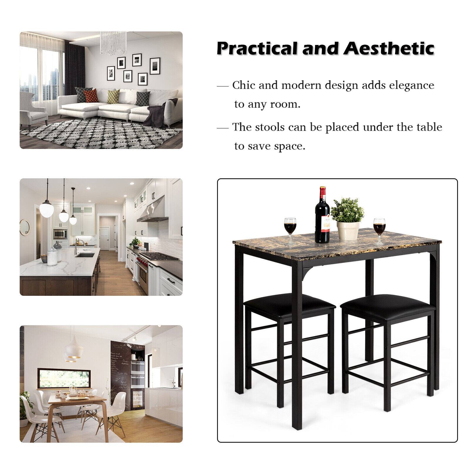 Practical and Aesthetic

Chic and modern design adds elegance to any room.
The stools can be placed under the table to save space.