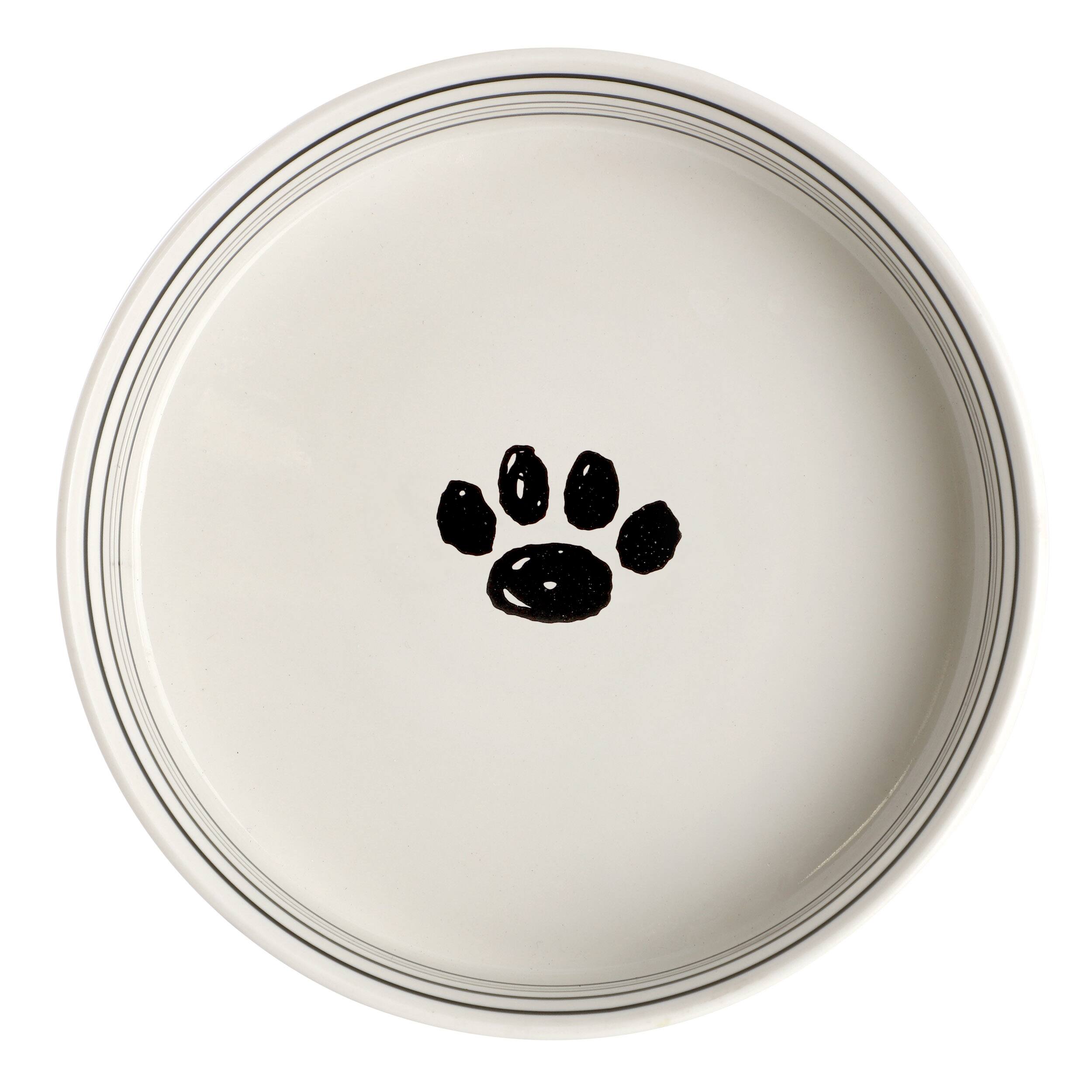Left. Peanuts - Peanuts Snoopy Suppertime Favorites 6.5in Stoneware Pet Food Bowl - White and Black.