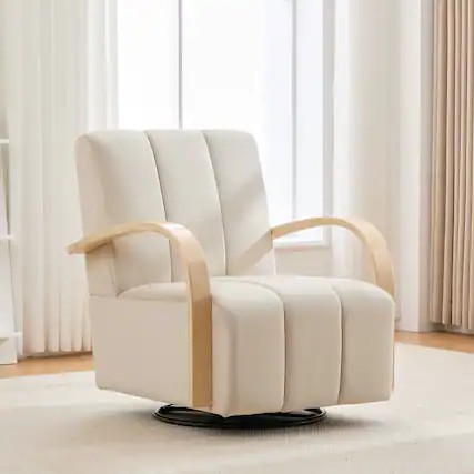 Front. APRILSOUL - 30W Modern Upholstered 360 Swivel Accent Chair Solid Wood Armrests Channel Tufted Hotel Living Room Beige - Beige.