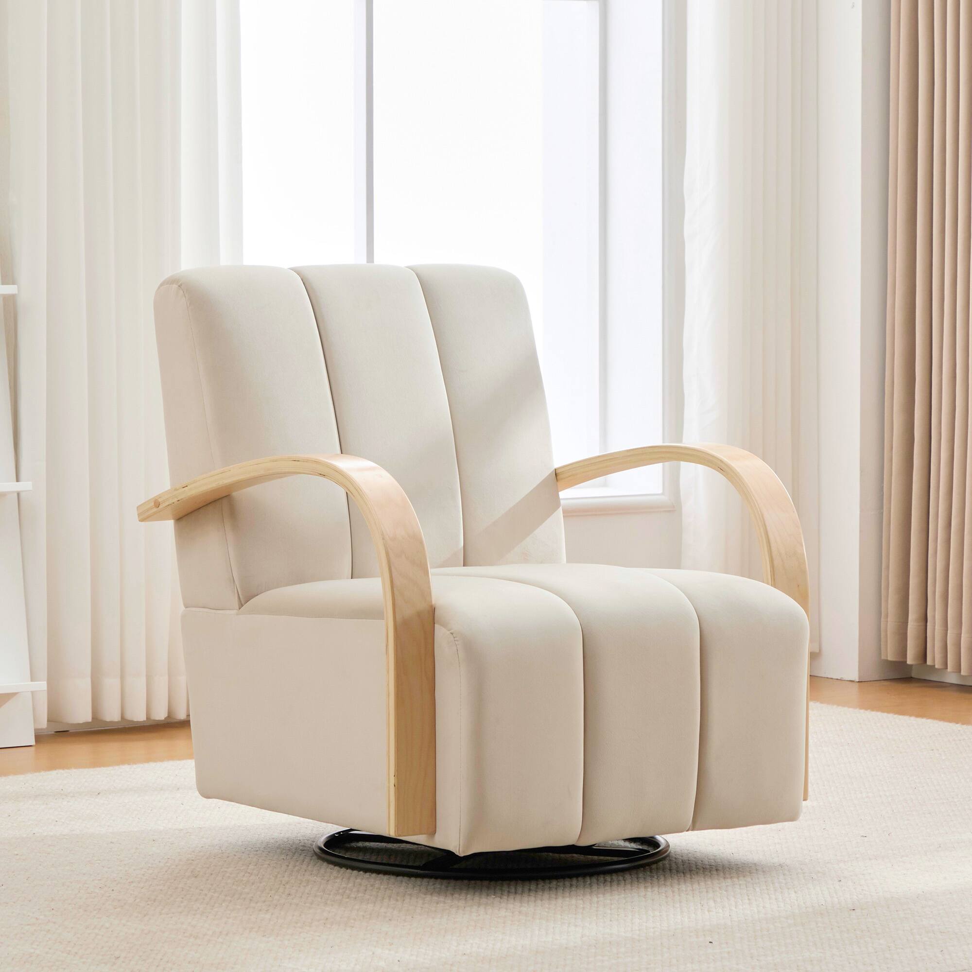Front. APRILSOUL - 30W Modern Upholstered 360 Swivel Accent Chair Solid Wood Armrests Channel Tufted Hotel Living Room Beige - Beige.