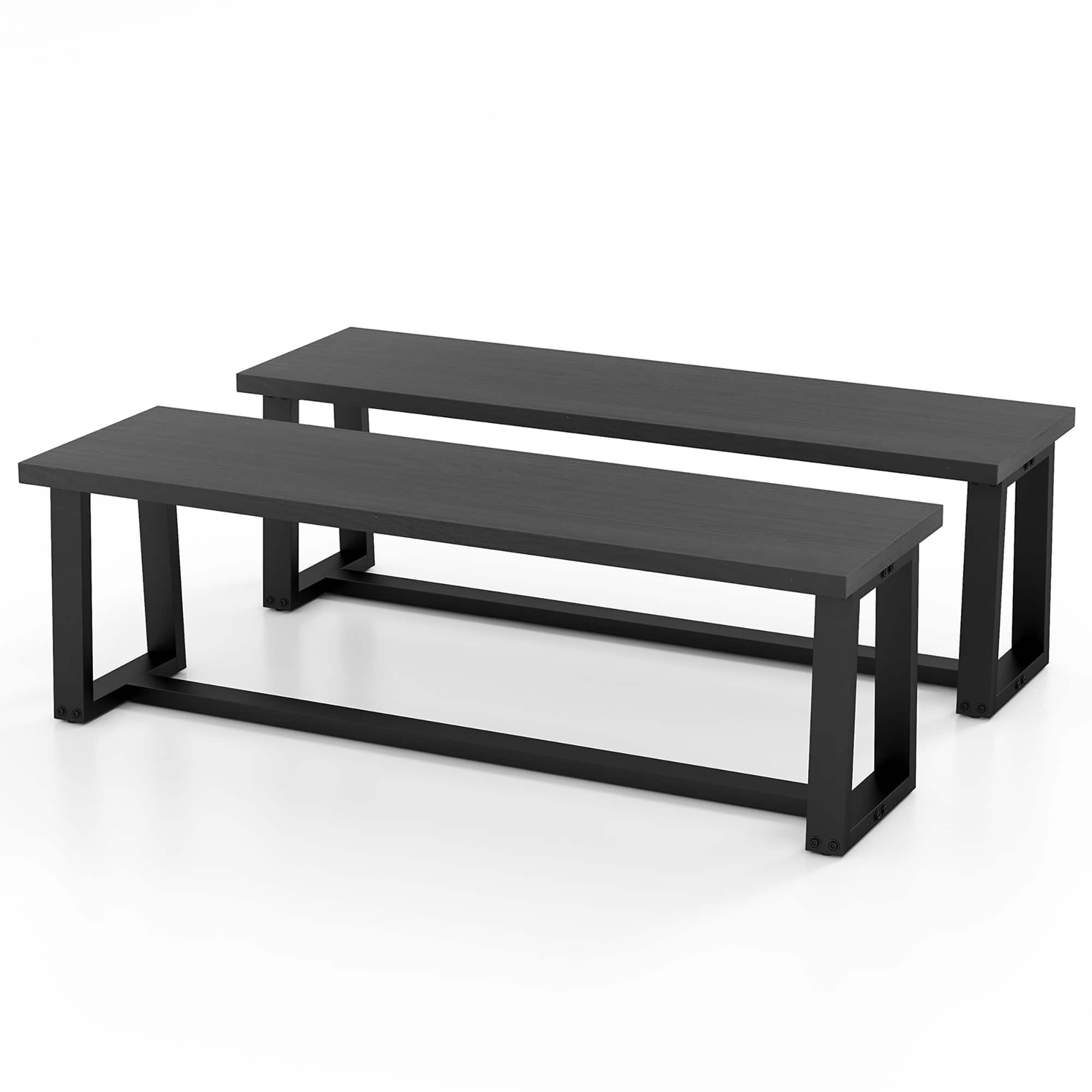 Gymax - Set of 2 56.5"L Wood Dining Bench Metal Frame w/ Adjustable Footpads Entryway - Black
