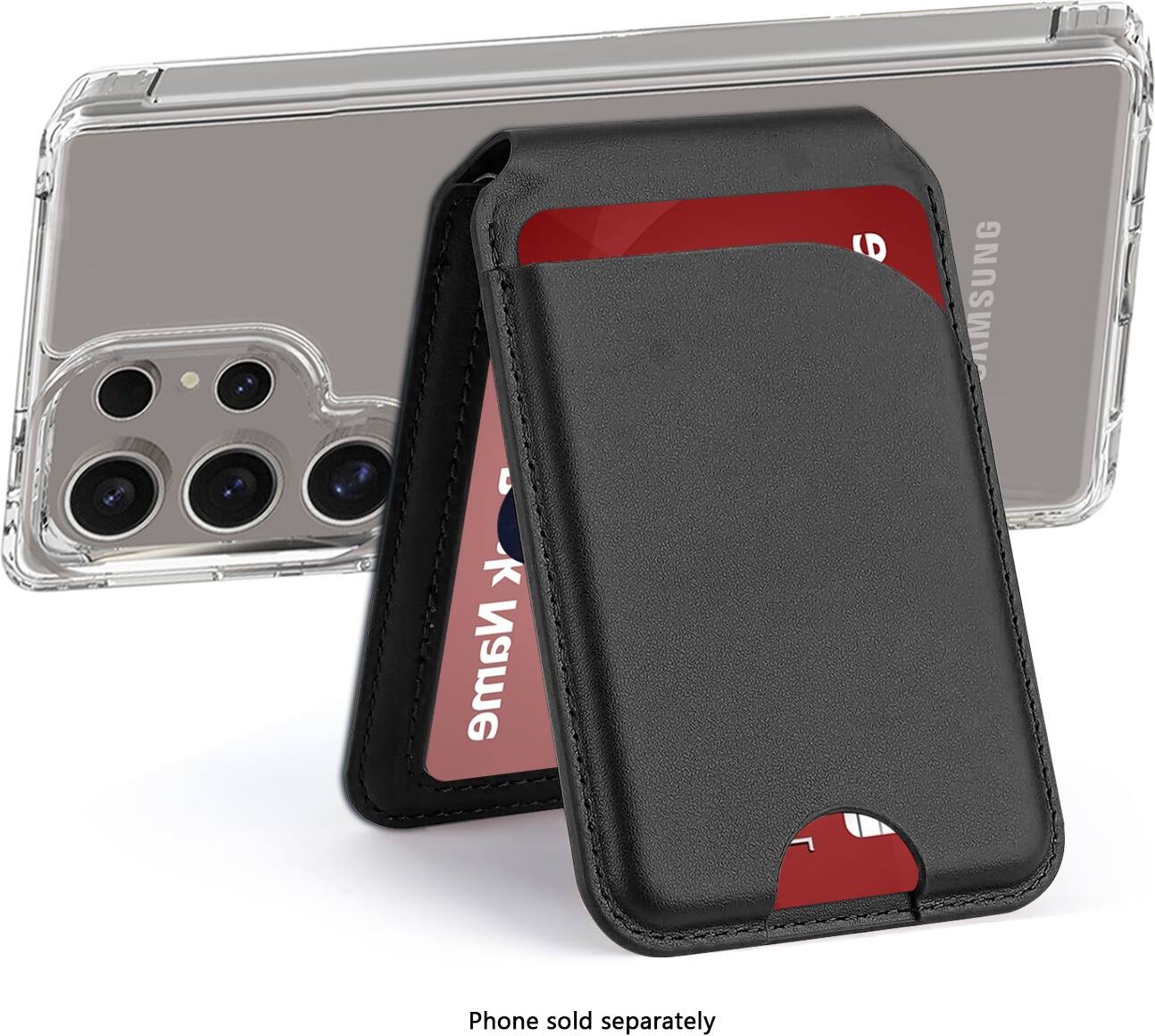 The image features a Samsung phone case and a Samsung phone. The phone case is black and made of leather, and the phone is placed inside the case. The image is white and has a close-up view of the phone and case. The text "Phone sold separately" is written on the image, indicating that the phone is not included with the case and must be purchased separately.