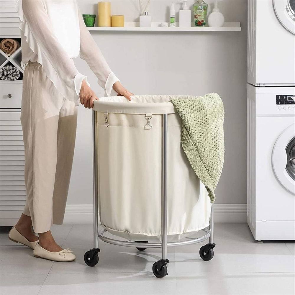 Back. Hivvago - Round 45-Gallon Laundry Basket Hamper w/ Cream Fabric Bag Steel Frame on Wheels - Cream, Silver.