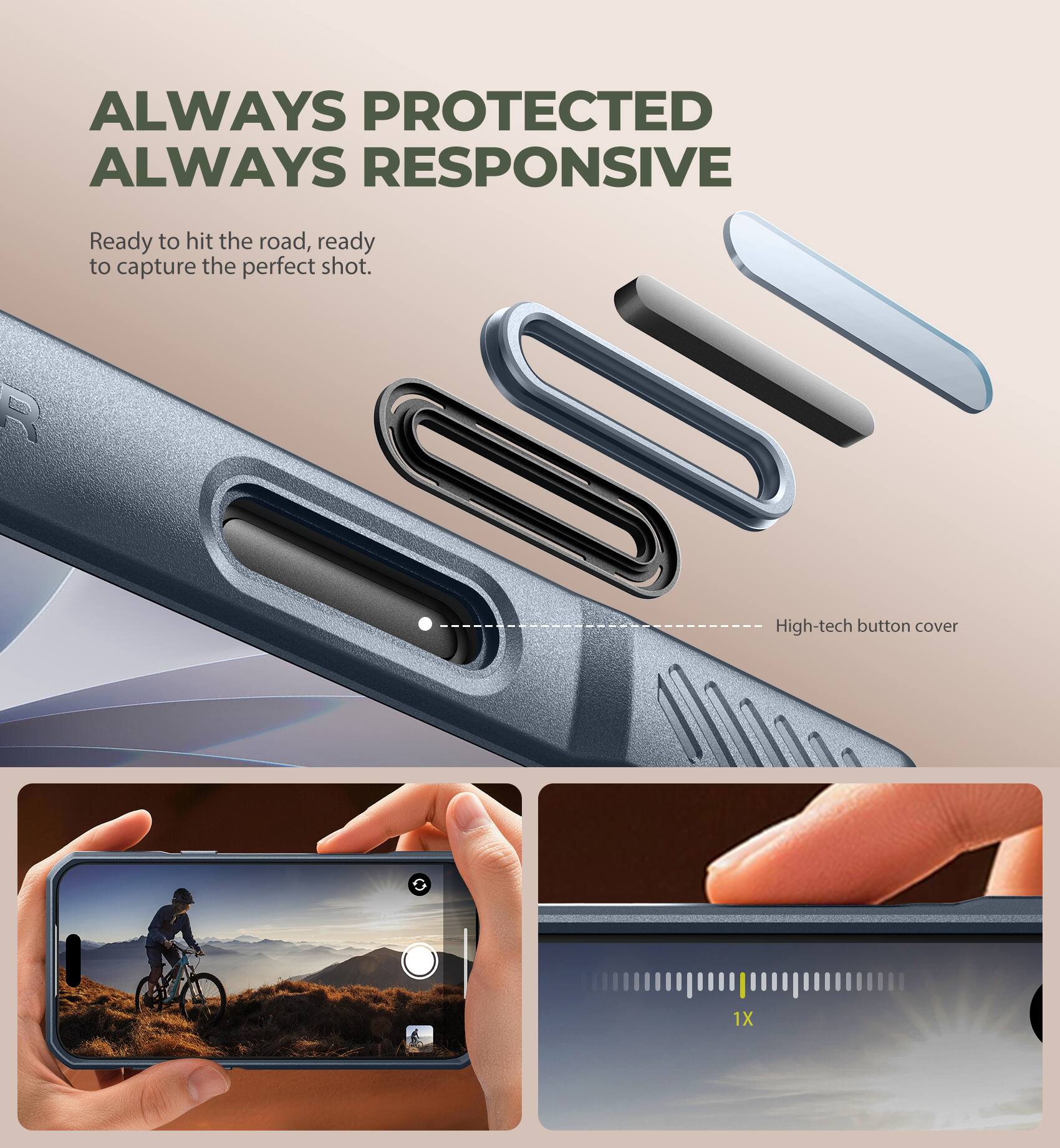 ALWAYS PROTECTED ALWAYS RESPONSIVE

Ready to hit the road, ready to capture the perfect shot.

R 0010 High-tech button cover 1X