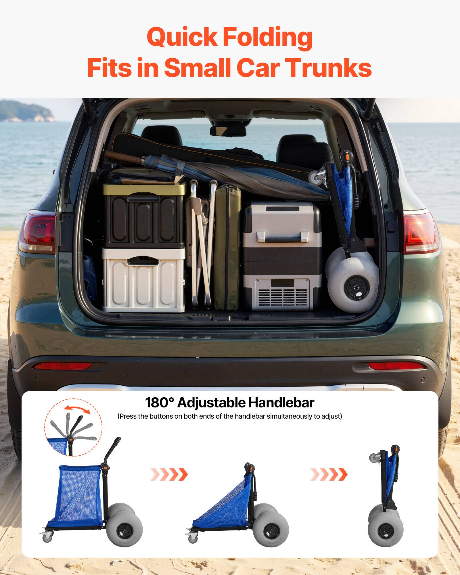 Quick Folding  
Fits in Small Car Trunks  

180° Adjustable Handlebar  
(Press the buttons on both ends of the handlebar simultaneously to adjust)