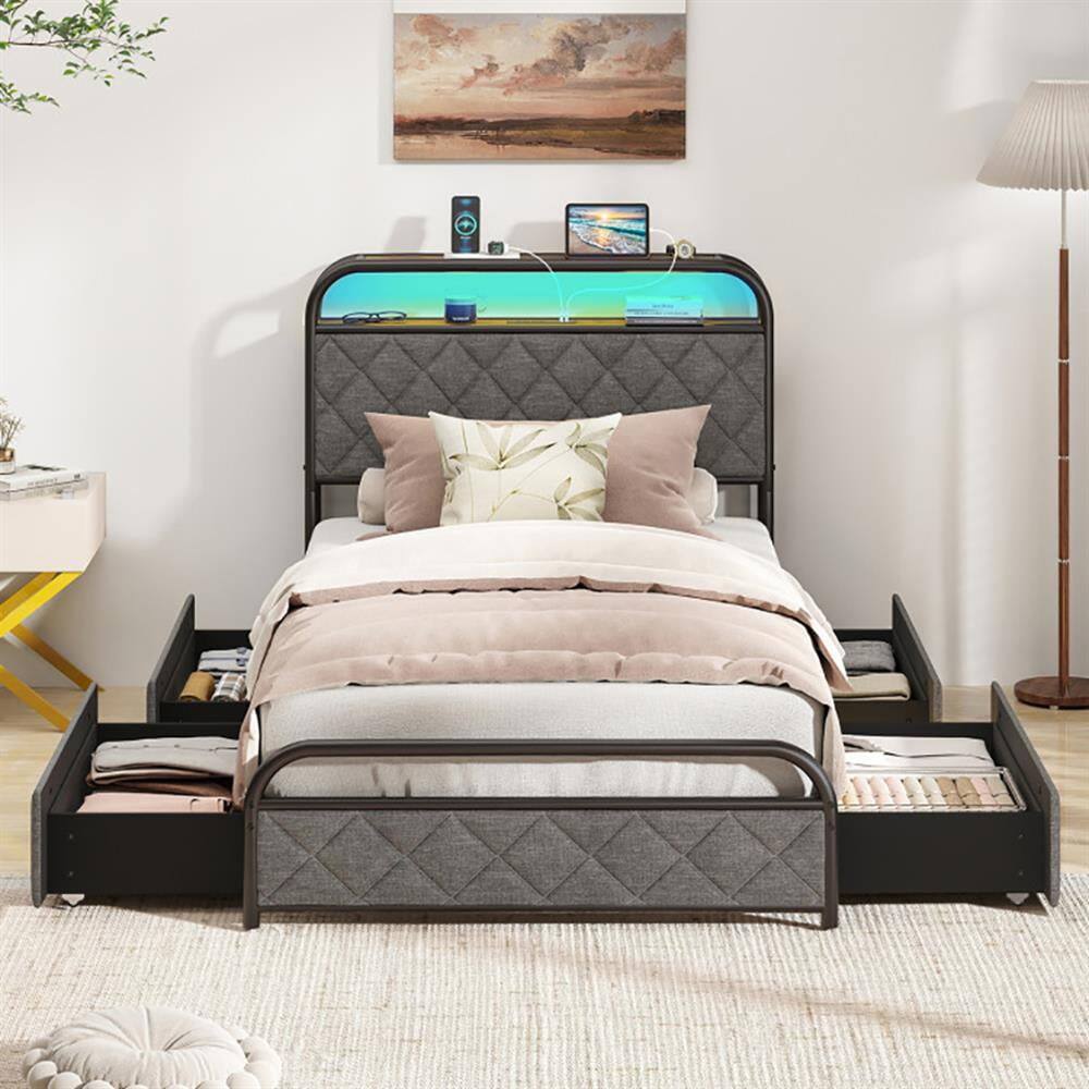 Alt View 5. Kadyn - Platform Bed Frame, Bedroom Bed Frame,Twin/Full/Queen Size Bed Frame with LED Lights and Charging Station-Twin Size - Black.