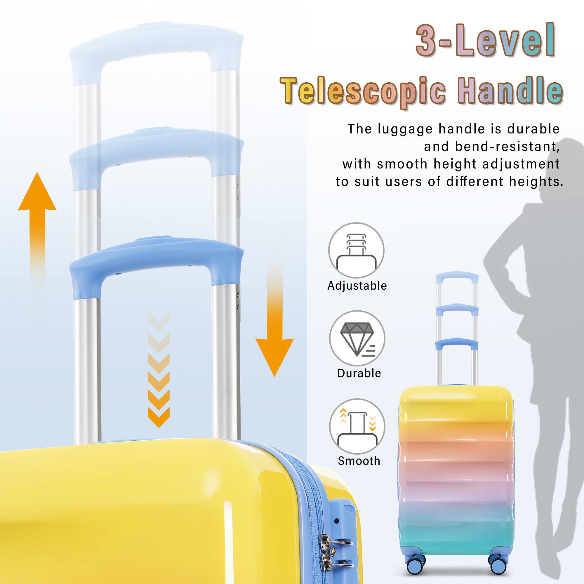 3-Level Telescopic Handle

The luggage handle is durable and bend-resistant, with smooth height adjustment to suit users of different heights.

Adjustable  
Durable  
Smooth
