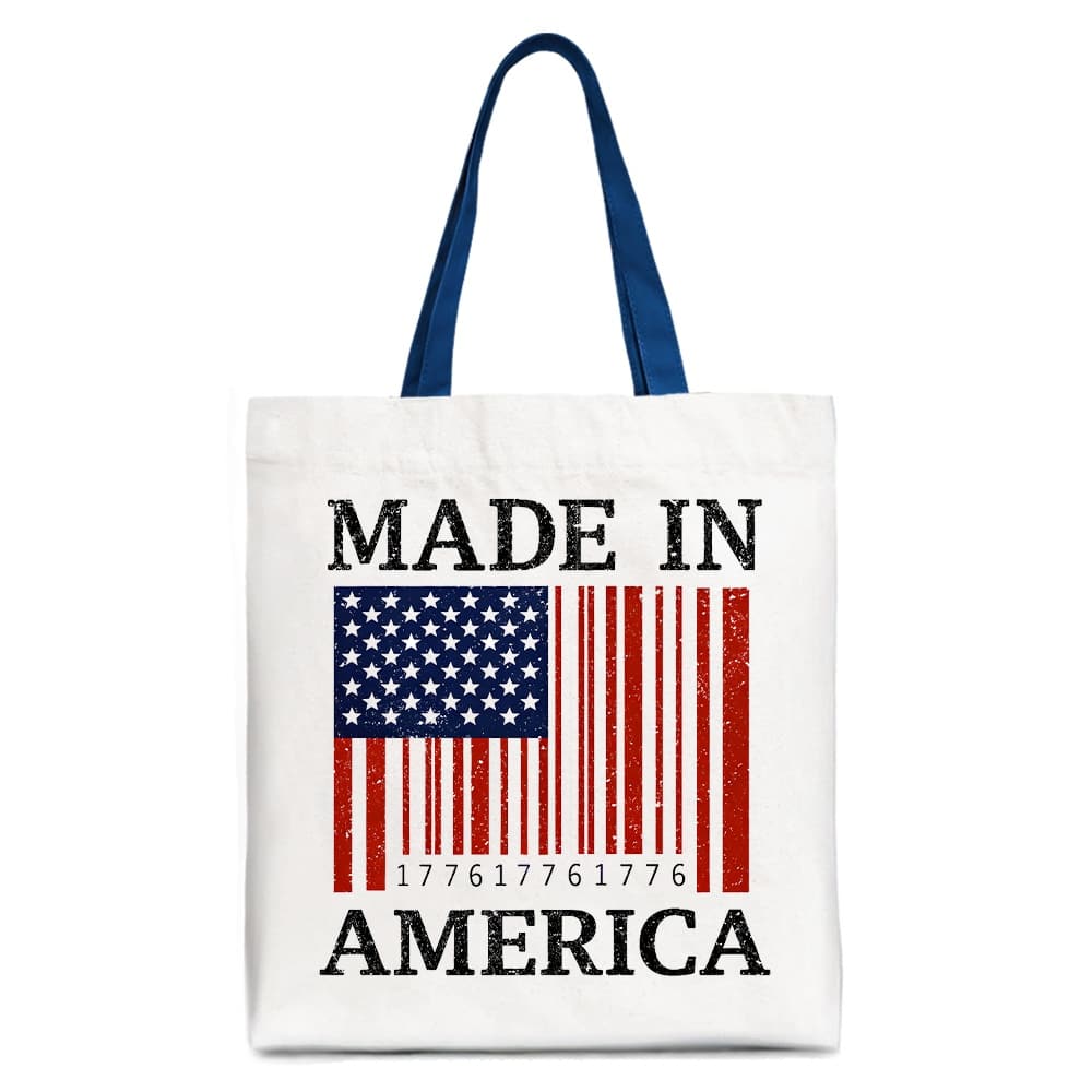 OrnamentallyYou - Made In America Bar Code Flag Tote Bag, Patriotic 1776 USA 250th Anniversary Gift Shopper - White Navy