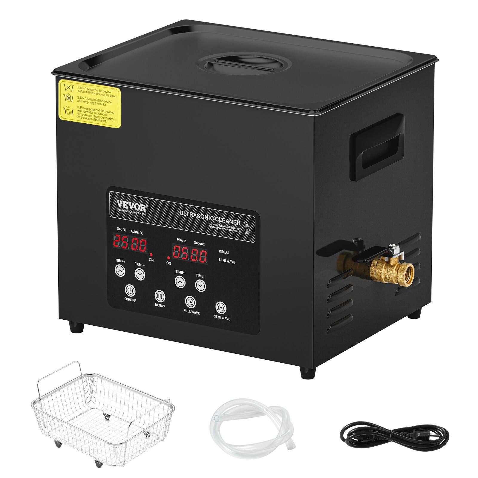 VEVOR Ultrasonic Cleaner

Min. Temp: 28°C
Max. Temp: 88°C
Time: 88.88 Second
Degas: ON
Semi Wave: ON
Temp: ON
Time: ON
Degas: OFF
Full Wave: OFF