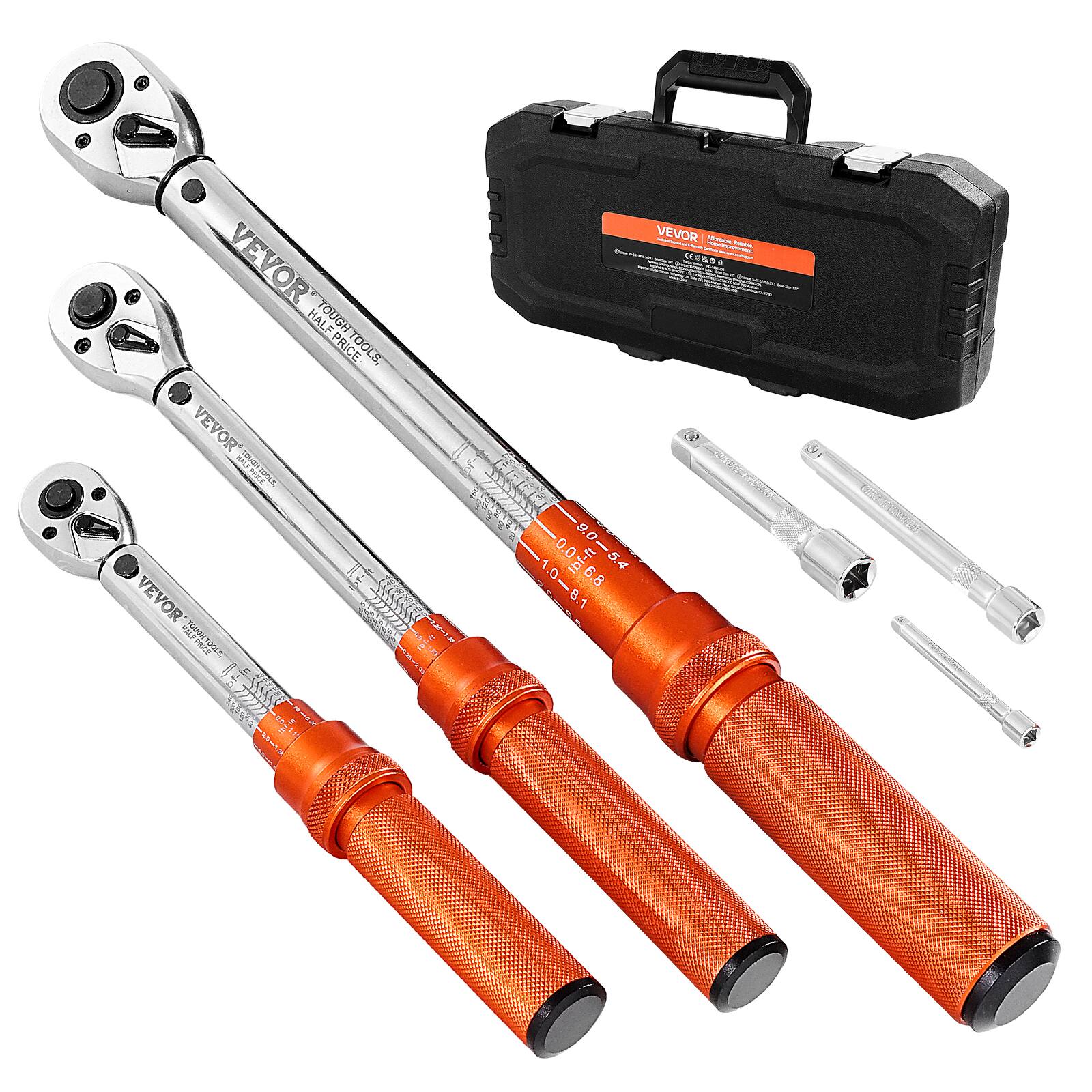 VEVOR - Click Torque Wrench Set, 3 Pieces, 1/4, 3/8, 1/2 Inch Drive, 10-170 lbf-ft, 5-45 lbf-ft, 20-240 lbf-in - Orange