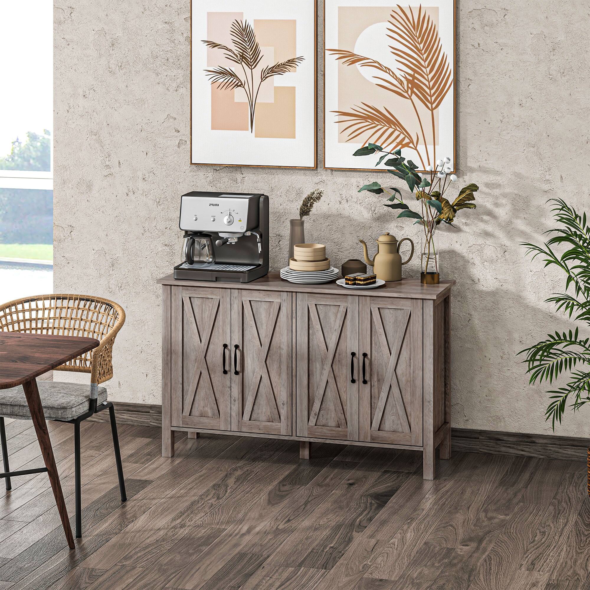 Alt View 1. Homcom - Buffet with 4 Barn Doors and 2 Adjustable Shelves, Kitchen Buffet Cabinet for Living Room - Gray.