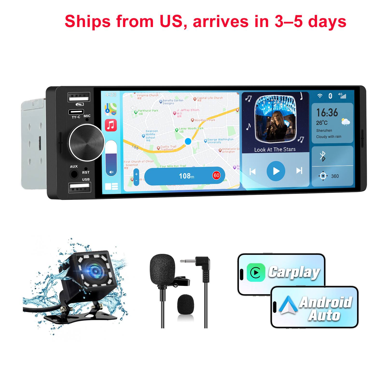 Ships from US, arrives in 3-5 days

4:23
Virginia Church Capital Life Church Benella Garden Designs Parkhurst Park 1 Jeffney Elliett, M.D loodlawn Park Lacky Woods Park Swandon 12 Middle School George Washington University .66 Cushis Trail Trailhead mmersive G Arlington
Look At The Stars
16:36 26C Shenzhen Cloudy with rain
AUX RST USB
First Church of Christ Scientist 
Four Mile Run Trail 108m
60
R
360
Carplay
Android Auto
