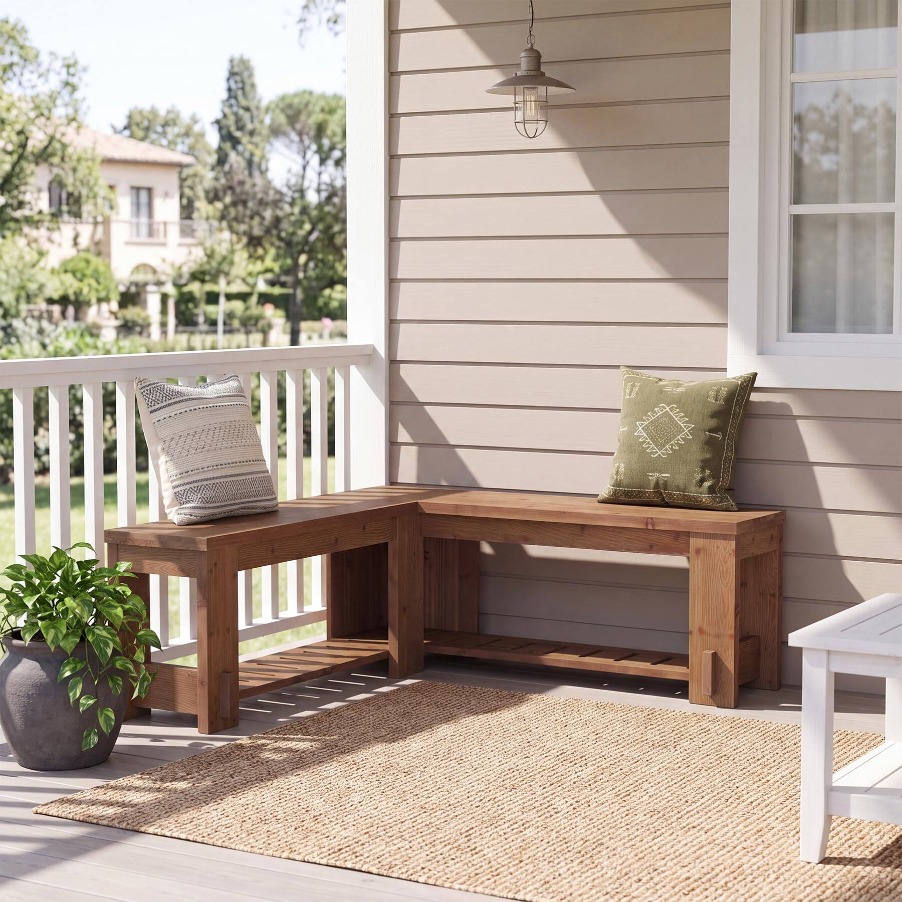 Alt View 3. Tribesigns - LITTLE TREE L-Shaped Corner Shoe Bench, Wooden Entryway Bench with Storage - Brown.