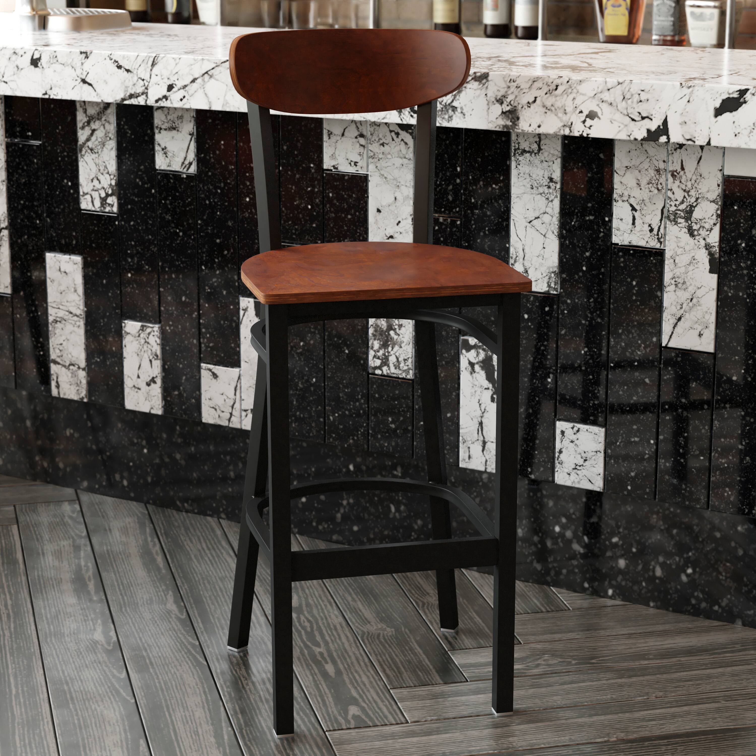 Angle. Flash Furniture - Wright Commercial Grade Barstool with 500 LB. Capacity Black Steel Frame, Solid Wood Seat, and Boomerang Back, Walnut Fi - Brown.
