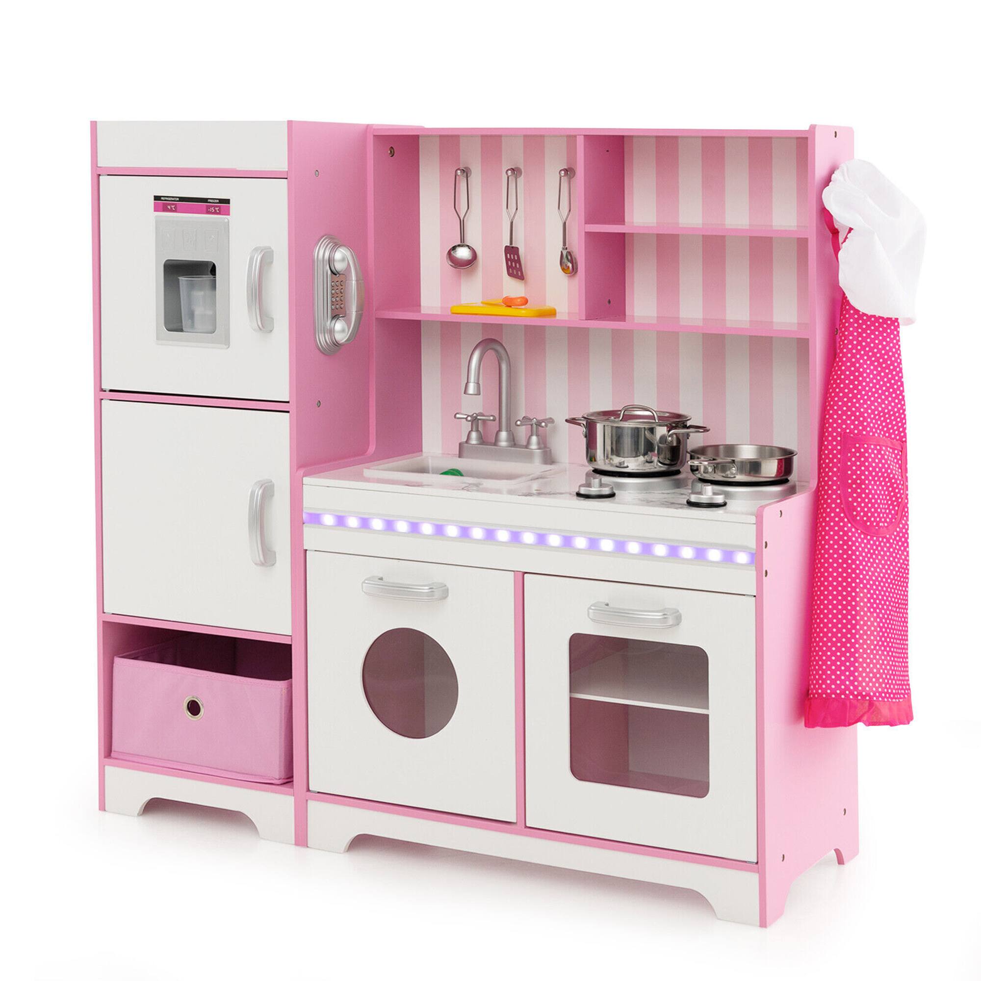 Alt View 9. Gymax - Gymax Kids Kitchen Playset Wooden Toy with Adjustable LED Lights & Washing Machine - White + Pink.