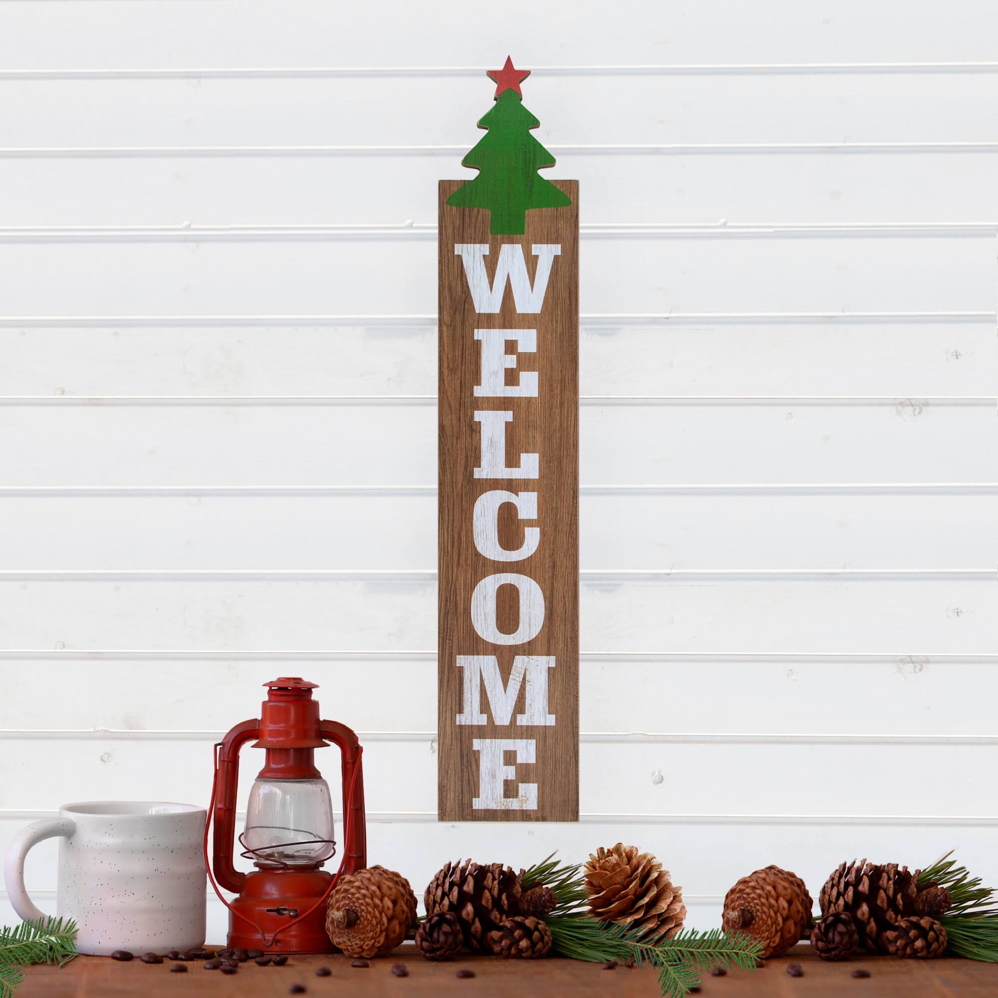 Alt View 2. Northlight - Christmas Tree and Star Wooden "Welcome" Porch Board Sign Decoration - 31.5" - Green - Brown.