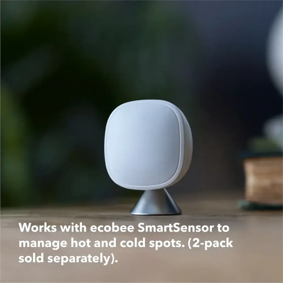 The text on the image reads: "Works with ecobee SmartSensor to manage hot and cold spots (2-pack sold separately)."