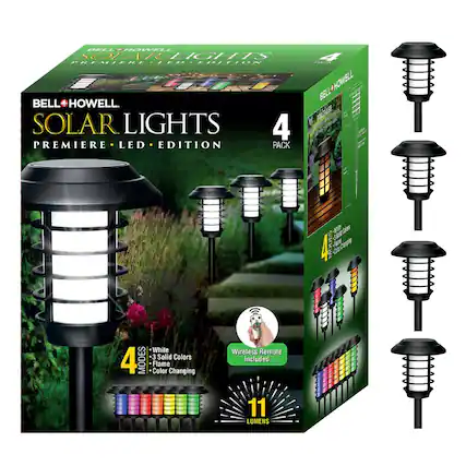 BELL+HOWELL SOLAR LIGHTS PREMIERE LED EDITION
4 PACK
4 MODES
- White
- 3 Solid Colors
- Flame
- Color Changing
Wireless Remote Included
11 LUMENS