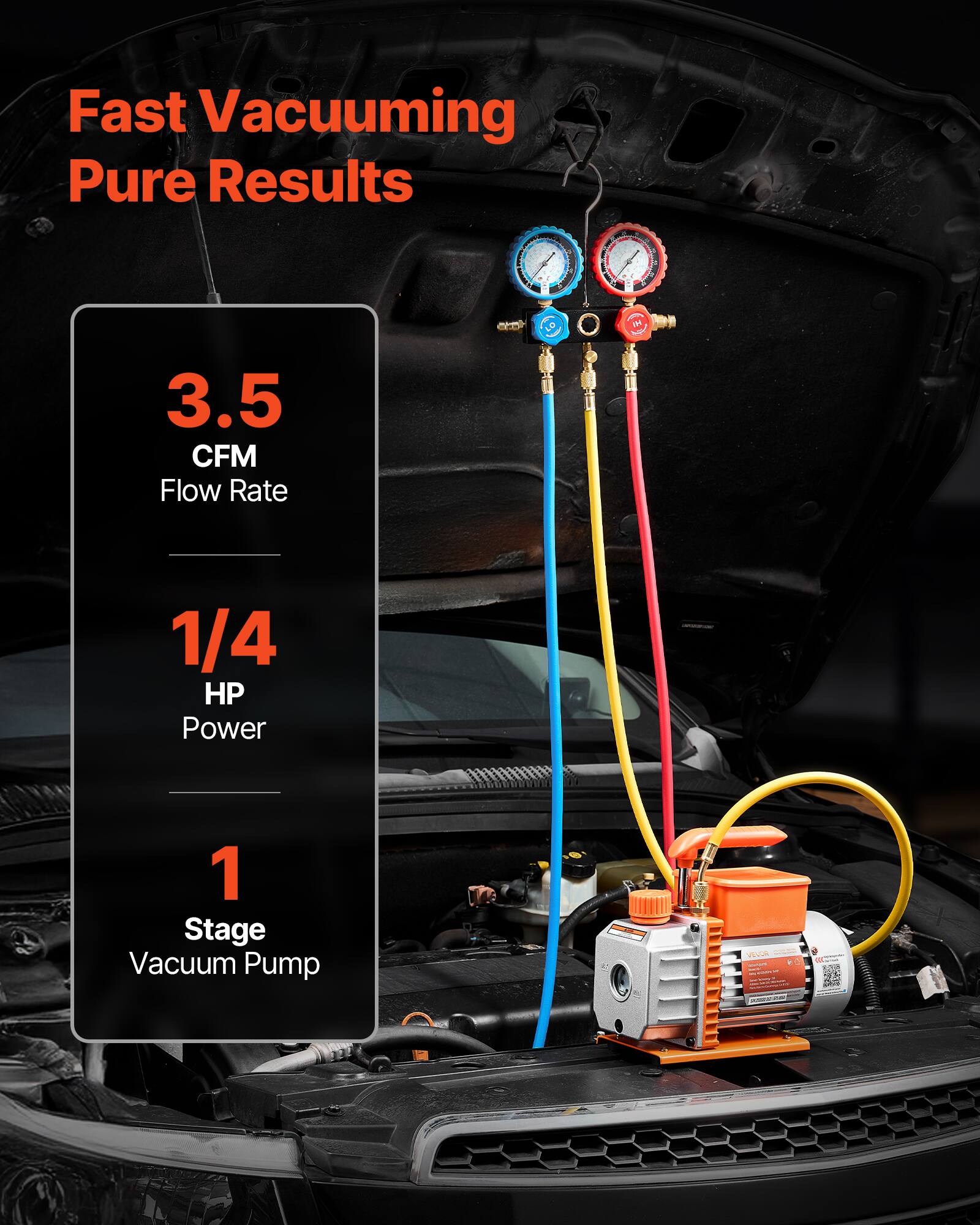 Fast Vacuuming Pure Results  
3.5 CFM Flow Rate  
1/4 HP Power  
1 Stage Vacuum Pump