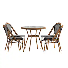 Emma + Oliver - Soie Indoor/Outdoor Bistro Style 31.5 in. Table with PE Rattan, Glass Top, and Four Chairs - Metal Frame - Black & White Rattan/Natural Frame
