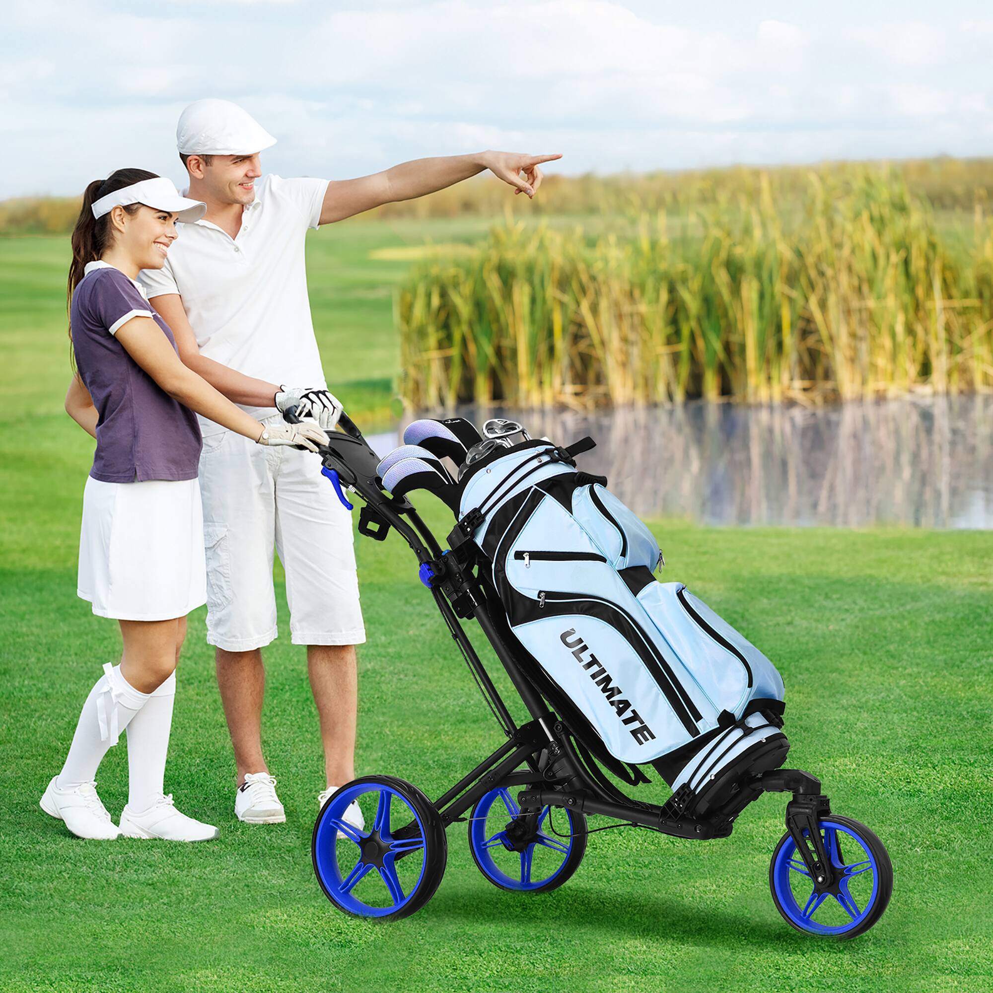 Alt View 5. Costway - Costway Folding Golf Push Cart W/Scoreboard Adjustable Handle Swivel Wheel - Blue.