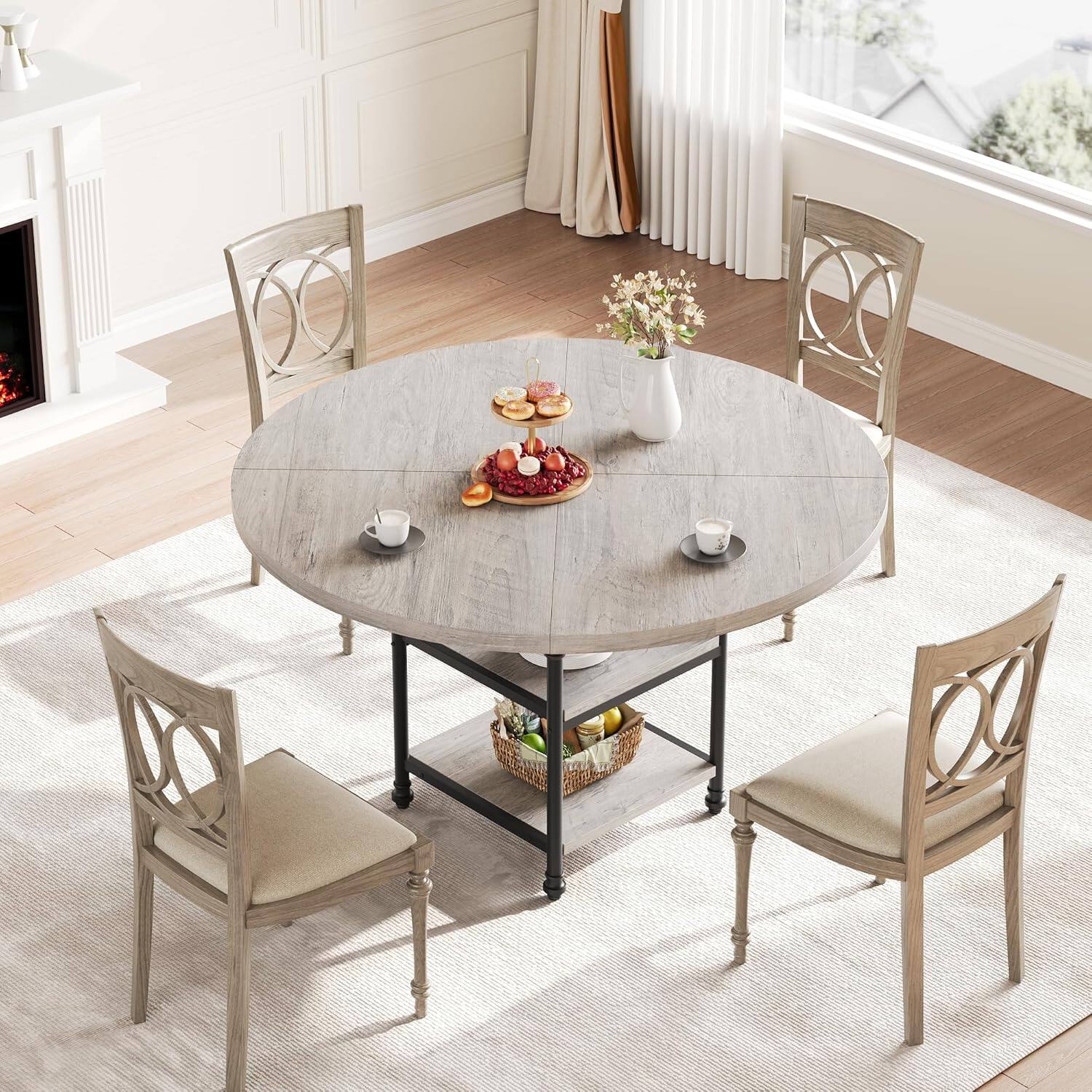 Front. Acekool - Round Dining Table for 4, Kitchen Dining Room Circle Dinner Pedestal Table with Storage Shelves - Gray.