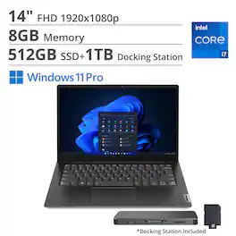 Lenovo - V14 G4 14" FHD Laptop,Intel i7-13620H,8GB,512GB SSD+1TB Dock Set,Intel UHD Graphics,HD Webcam,Win 11 Pro - Black