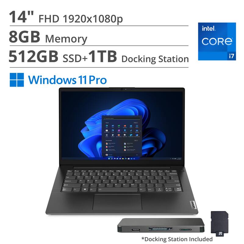 14" FHD 1920x1080p  
8GB Memory  
512GB SSD + 1TB  
Intel Core i7  
Windows 11 Pro  
Docking Station Included