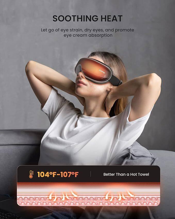 SOOTHING HEAT  
Let go of eye strain, dry eyes, and promote eye cream absorption  

RENPHO  
104°F-107°F  
Better Than a Hot Towel