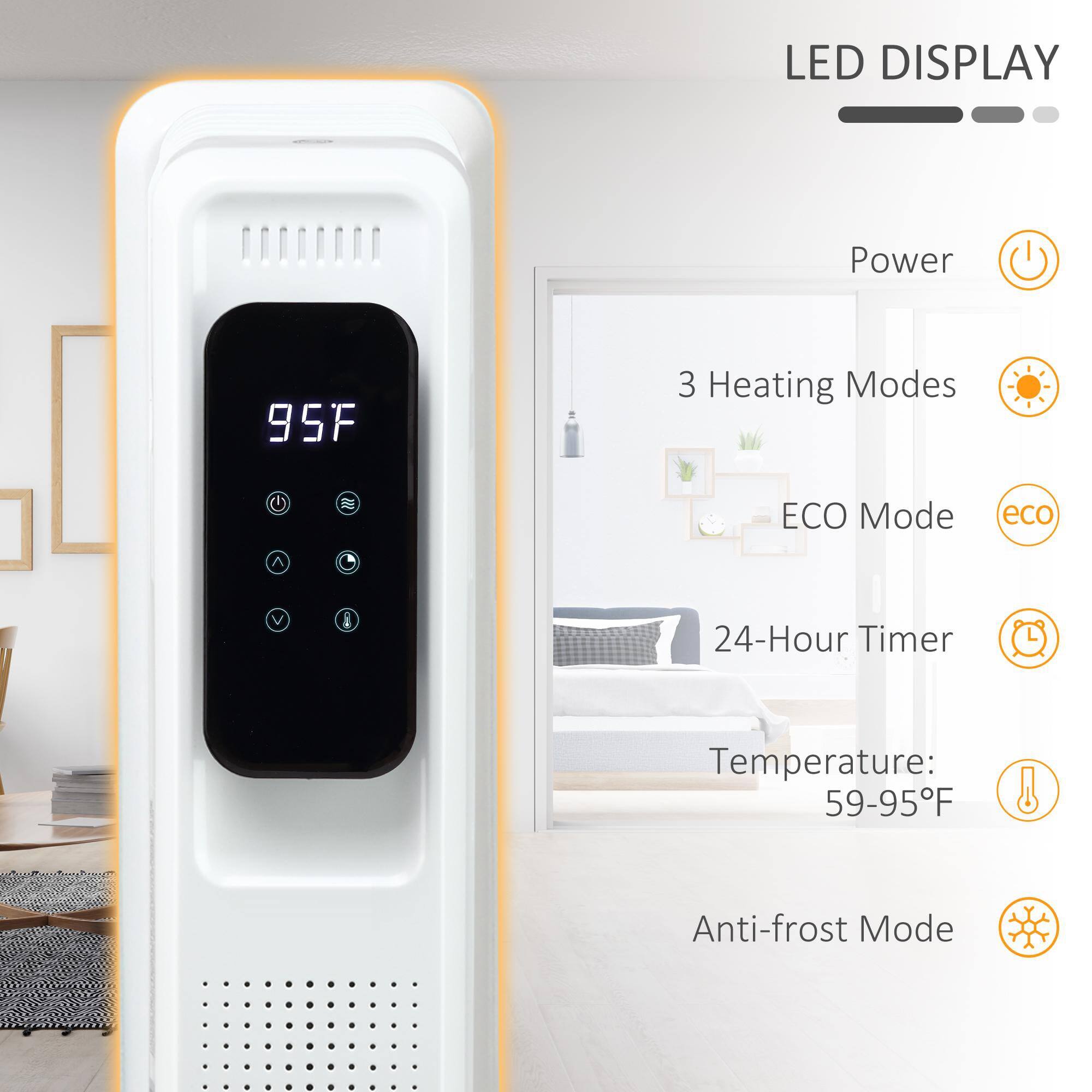 LED DISPLAY

- Power
- 3 Heating Modes
- ECO Mode
- 24-Hour Timer
- Temperature: 59-95°F
- Anti-frost Mode