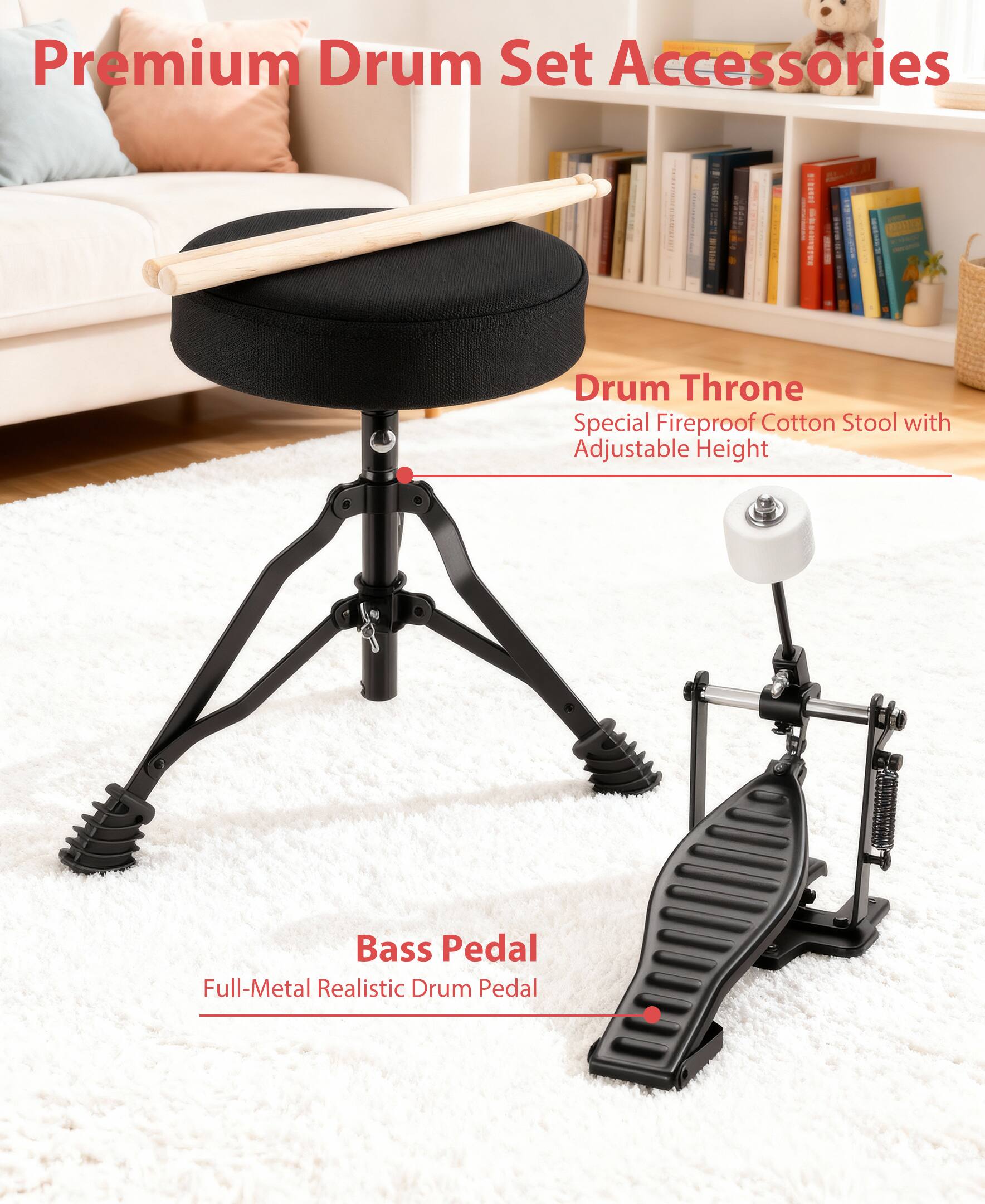 Alt View 2. Sugift - 3-Piece Kids Drum Set with Adjustable Stool, Bass Pedal & Cymbal – Realistic Junior Drum Kit for Ages 3+ - Red.