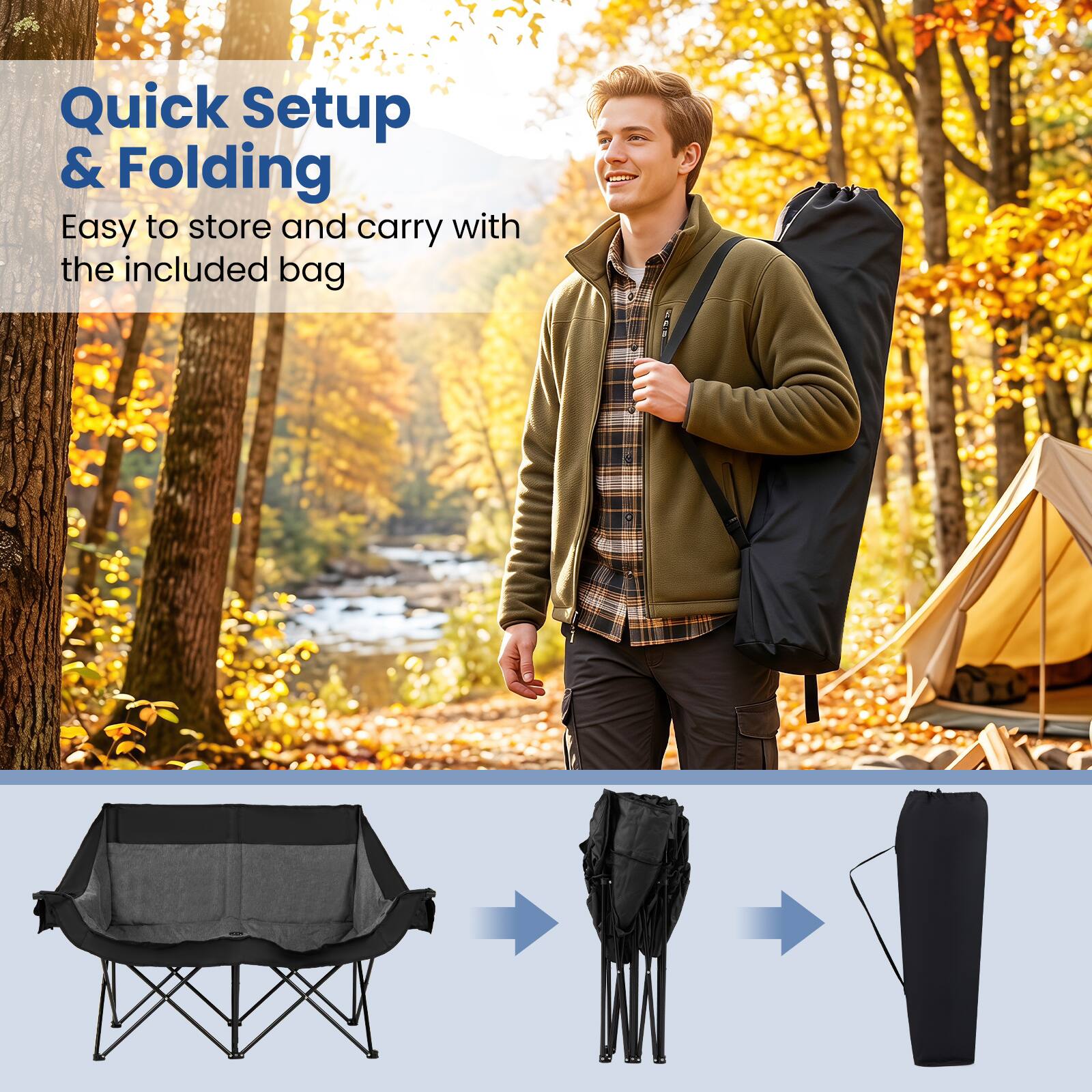 Quick Setup & Folding  
Easy to store and carry with the included bag