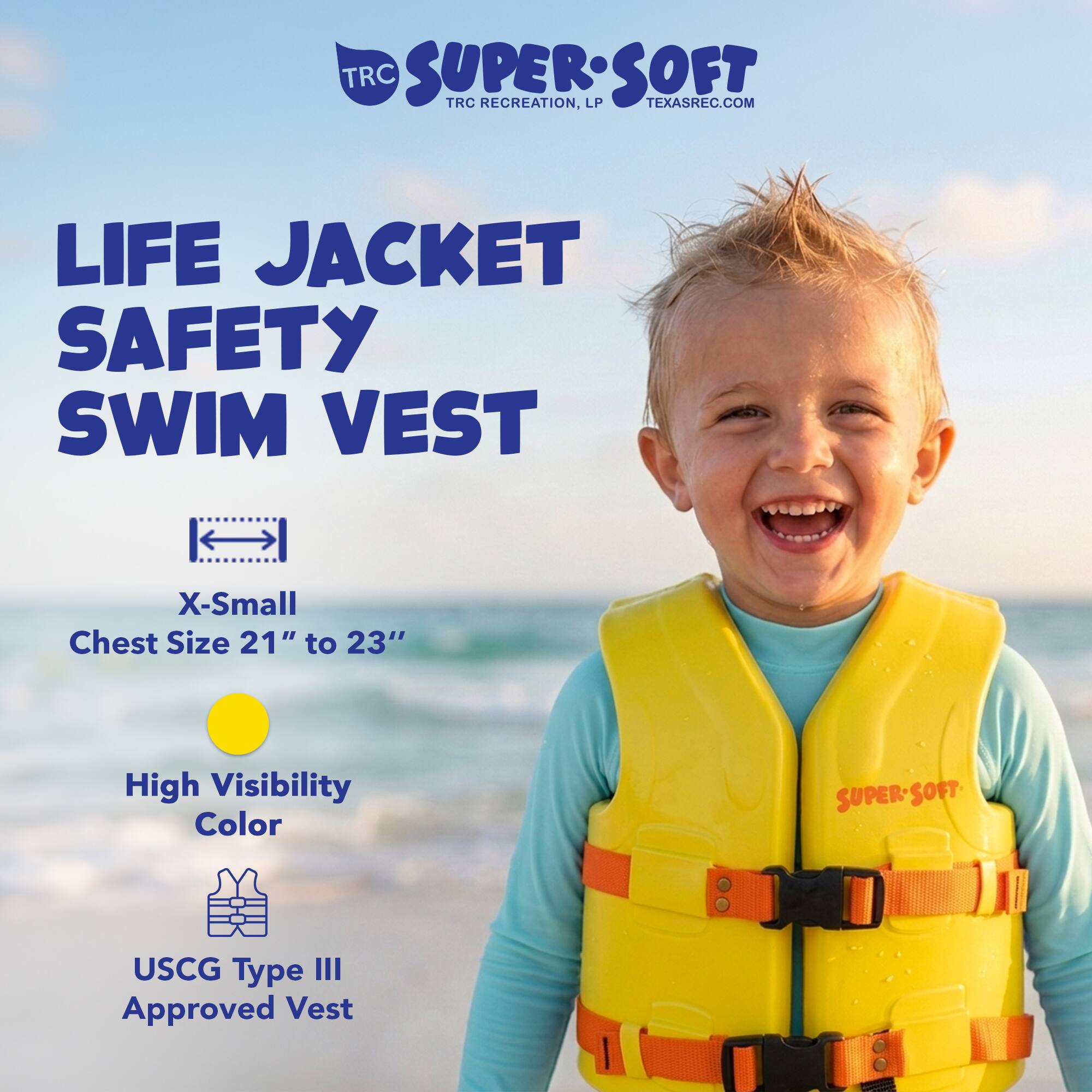 TRC SUPERSOFT TRC RECREATION, LP TEXASREC.COM LIFE JACKET SAFETY SWIM VEST  
X-Small Chest Size 21" to 23"  
High Visibility Color  
SUPER-SOFT USCG Type III Approved Vest