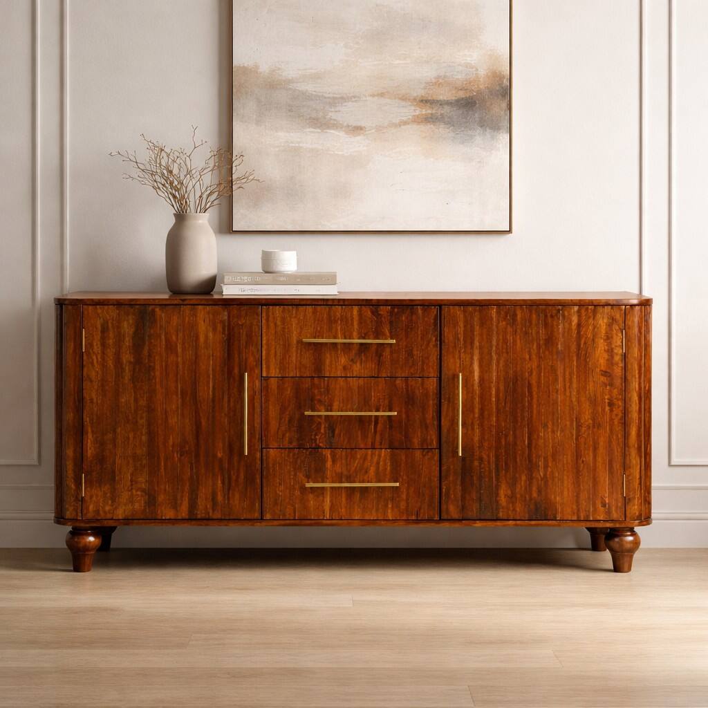 Angle. Artisan Furniture - Artisan Furniture Solid Wood Chestnut Curve Sideboard, 3 Drawers, 4 Shelves, Brown - Brown.