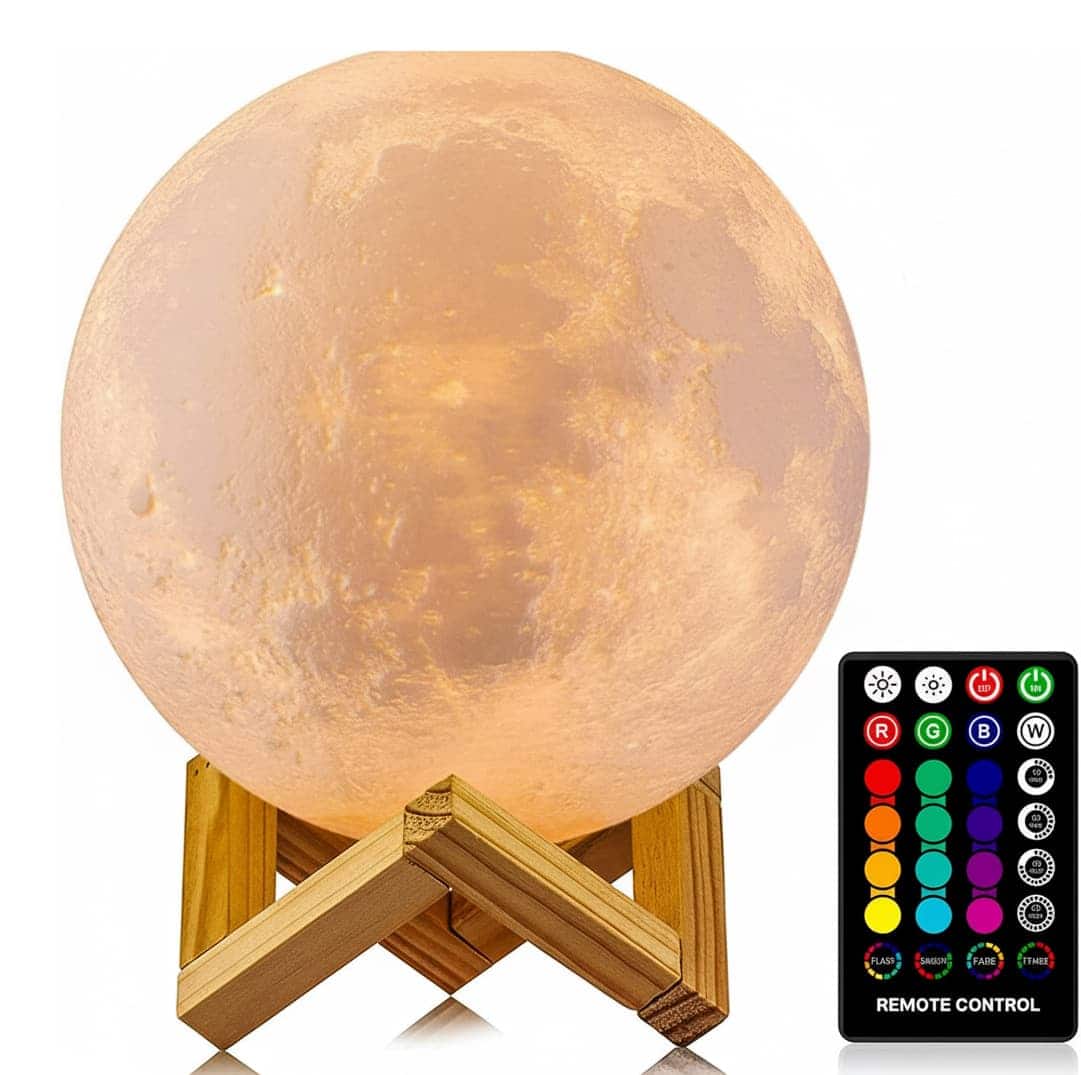 FINEAK - 16-Color 3D Moon Lamp: Remote/Touch Control, Timer - 4.8" LED Night Light for Kids & Gifts - Wood