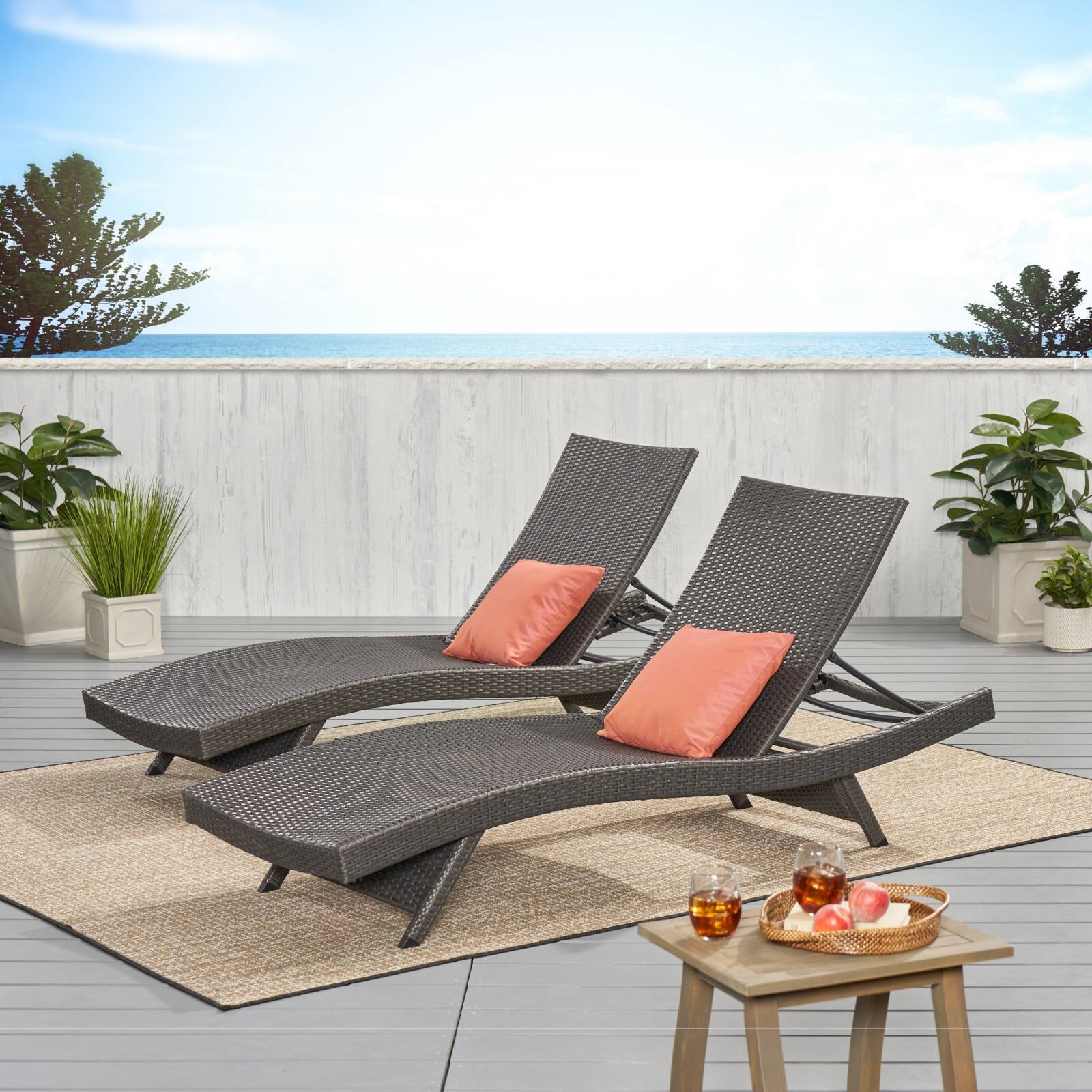 Alt View 1. Ecooso - Set of 2 Adjustable Wicker Chaise Lounges with Foldable Legs, Ergonomic Design, and Stackable Storage - Grey.