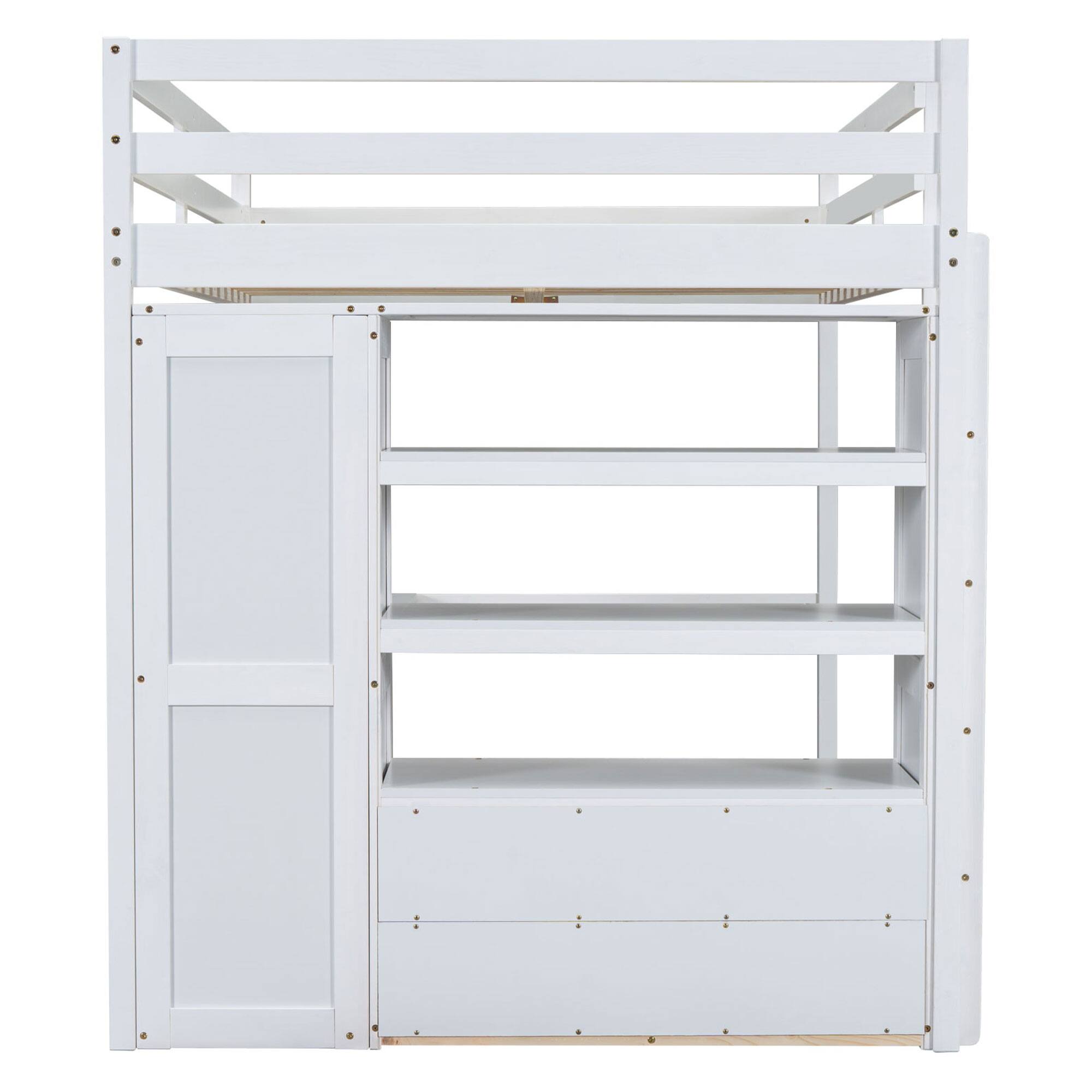 Alt View 1. Whisen - Full Size Wood Loft Bed with Built-in Wardrobe, Desk, Storage Shelves and Drawers - White.