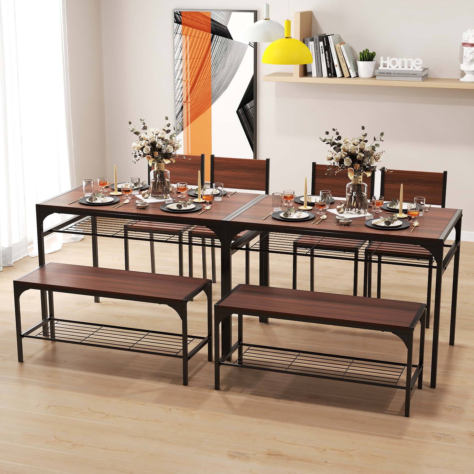 Alt View 4. Costway - Costway Dining Table Set for 4 Rectangular Table with 2 Chairs, 1 Bench, Storage Racks Brown - Brown.