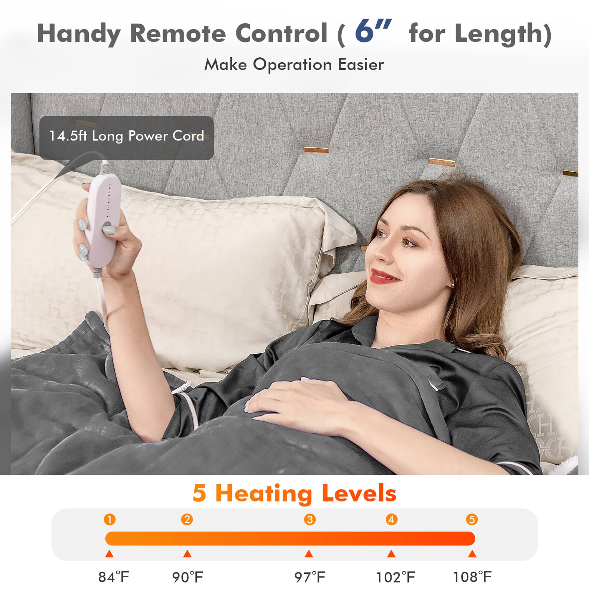 Handy Remote Control (6" for Length) Make Operation Easier 14.5ft Long Power Cord 5 Heating Levels 2 3 4 5 H CH 84F 90F 97F 102F 108F