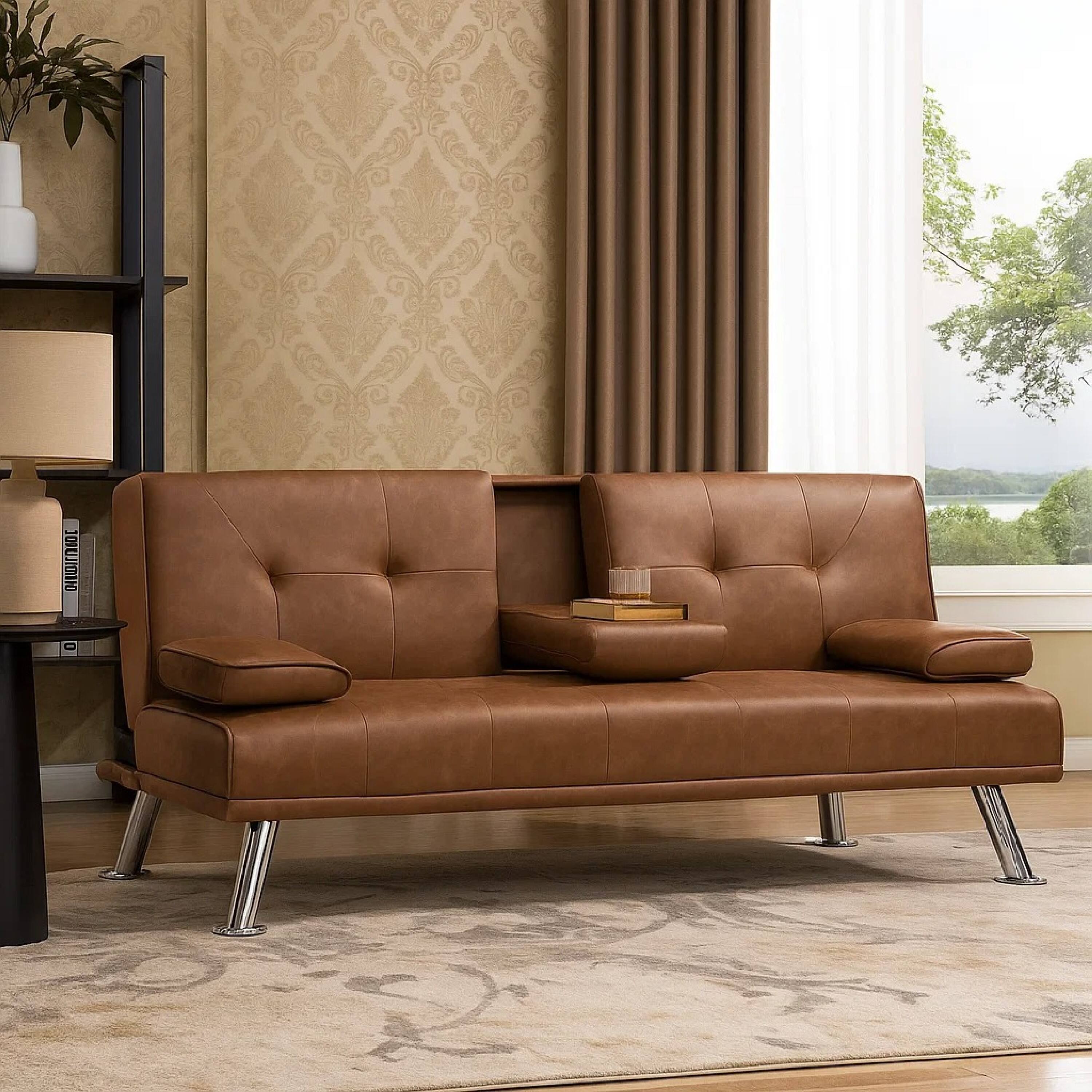 Alt View 5. Manhattan Lane - Gary Convertible Sofa with Fold-Down Table, Metal, Faux Leather - Brown, Chrome.