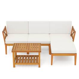 Costway - 5 PCS Acacia Wood Patio Furniture Set with 2-Tier Coffee Table and Cushions - Off White,Natural