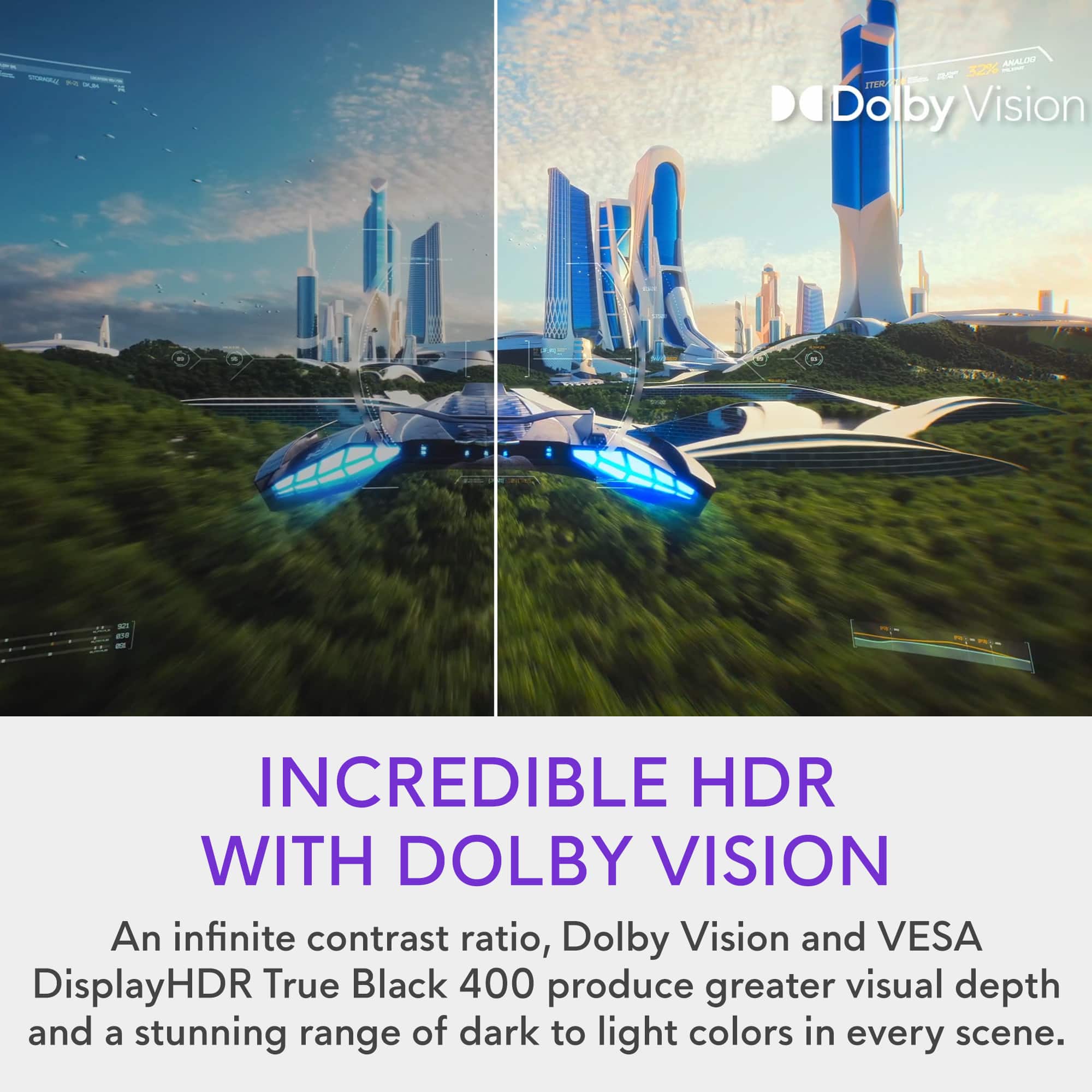 Incredible HDR with Dolby Vision: An infinite contrast ratio, Dolby Vision and VESA DisplayHDR True Black 400 produce greater visual depth and a stunning range of dark to light colors in every scene.