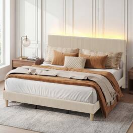 Bestier - King Size Velvet Upholstered Platform Bed Frame with Storage Headboard LED Lights - Off White
