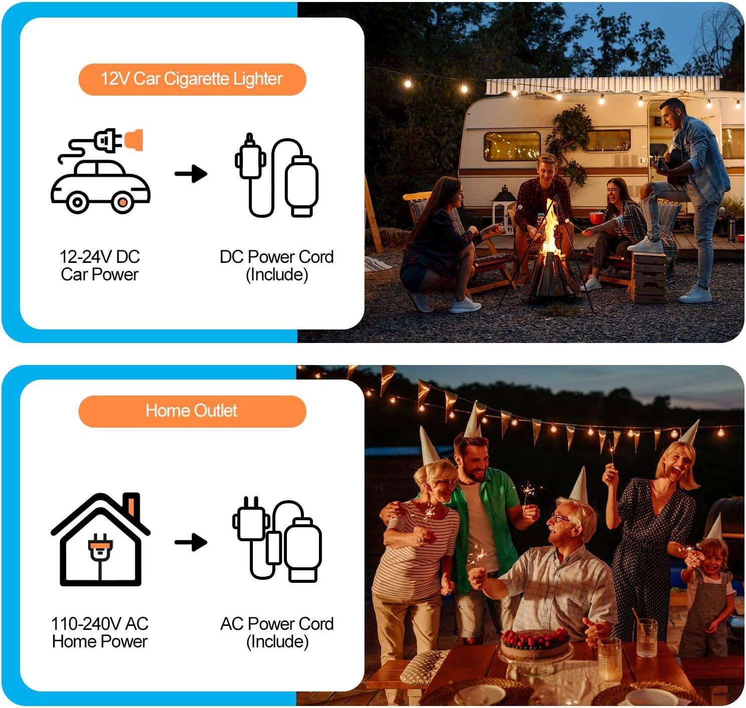 12V Car Cigarette Lighter  
12-24V DC Car Power  
DC Power Cord (Include)  

Home Outlet  
110-240V AC Home Power  
AC Power Cord (Include)