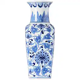 K&K Interiors - Porcelain Chinoiserie Square Vase 14 inch - Blue and White