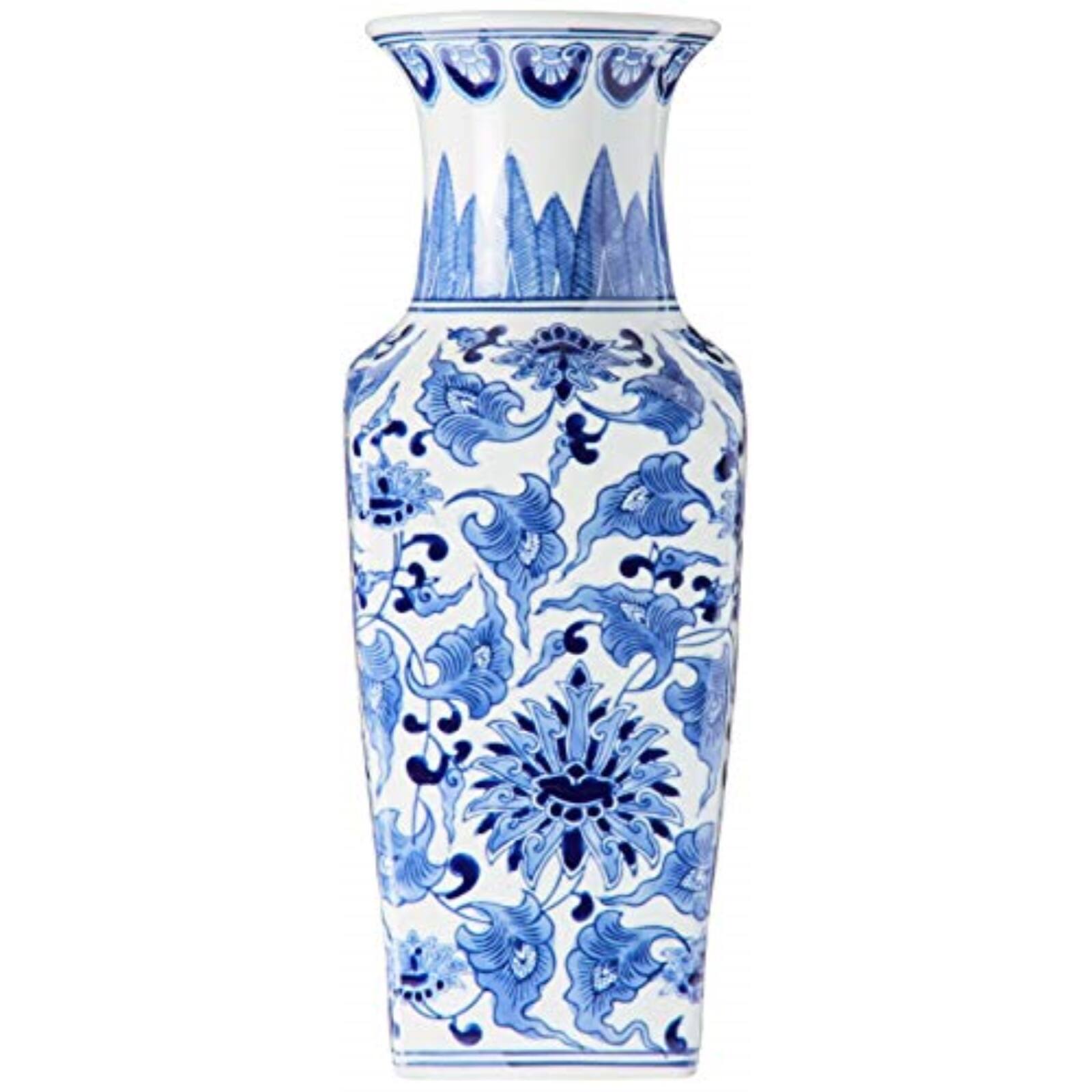 Front. K&K Interiors - K&K Interiors Porcelain Blue and White Chinoiserie Square Vase 14 inch - Blue and White.