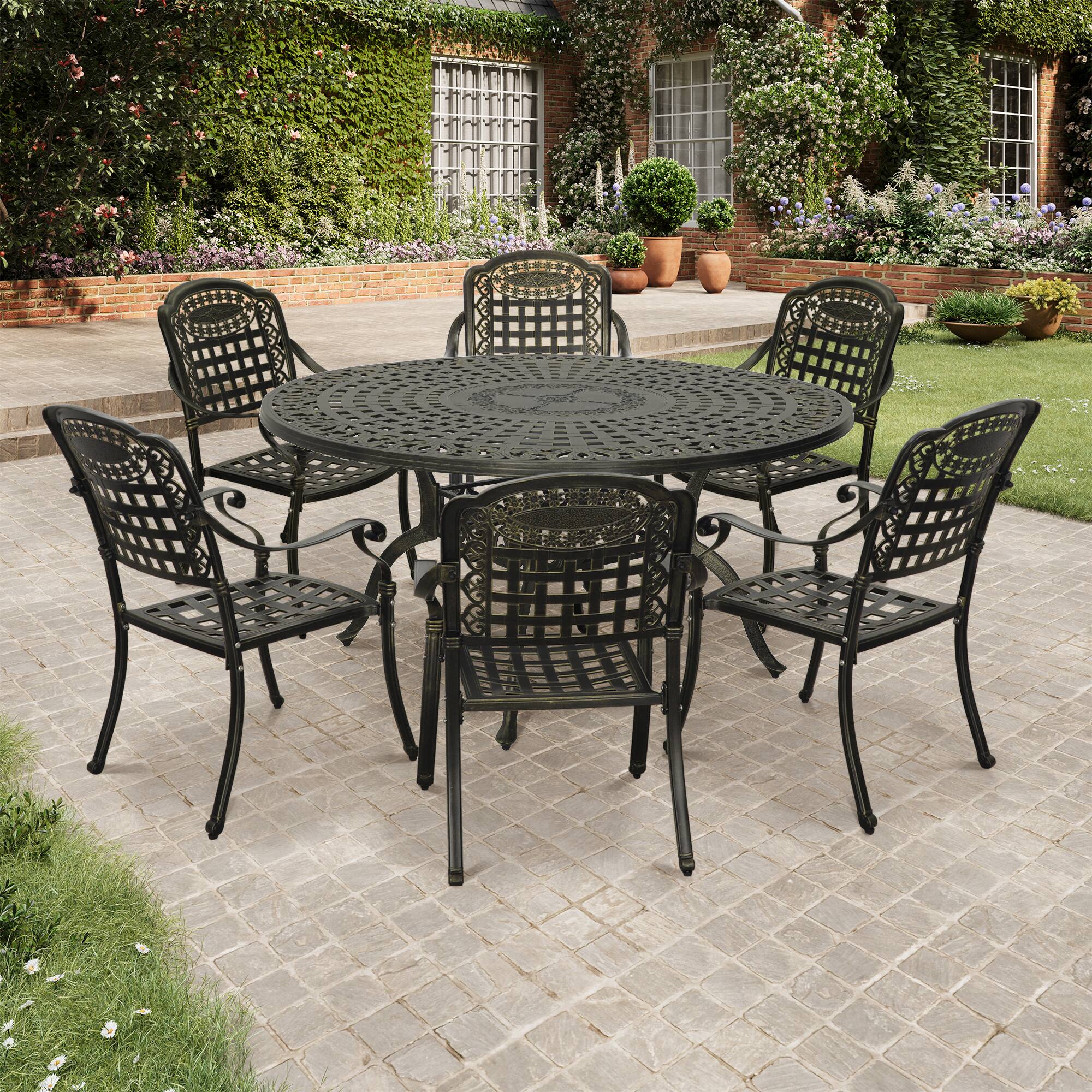 Angle. Mondawe - 7-Piece Cast Aluminum Dining Set - Bronze.