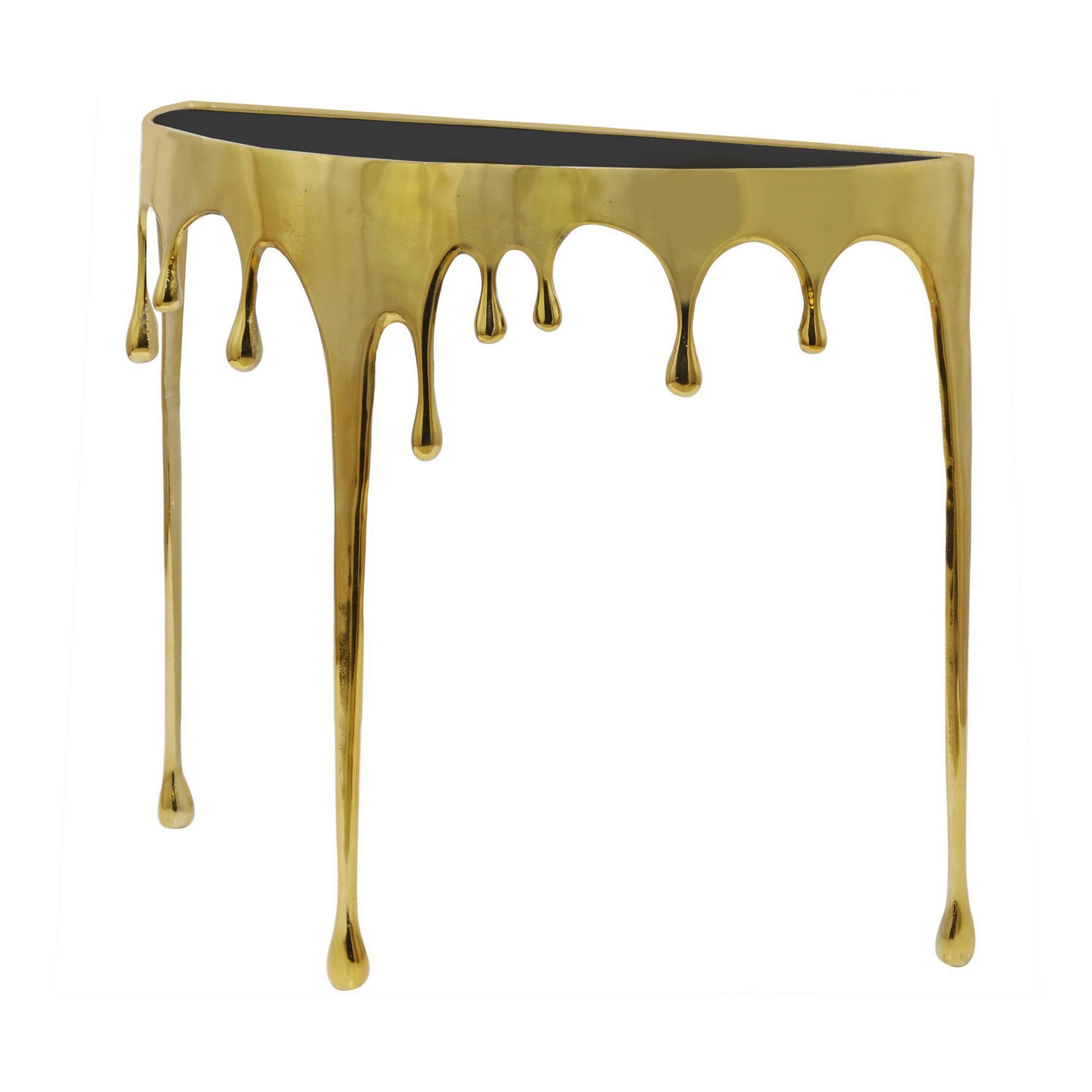 Alt View 3. Manhattan Lane - Capri Sofa Console Table | 36.25" Half Moon Glass Top | Melting Drip Design | Aluminum Cast - Gold, Black.