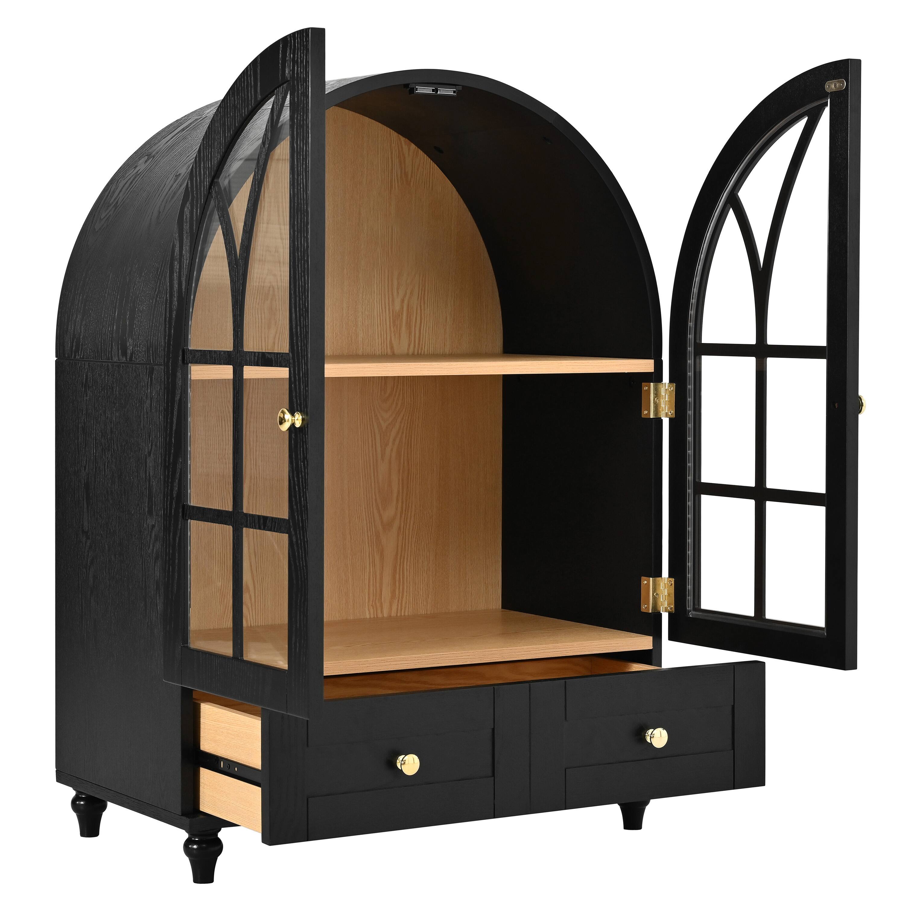 Alt View 4. Loheer - Loheer Arched Display Cabinet Wood Storage Cabinet with Glass Doors Accent Cabinet with Drawers for Living Room - Natural Wood.